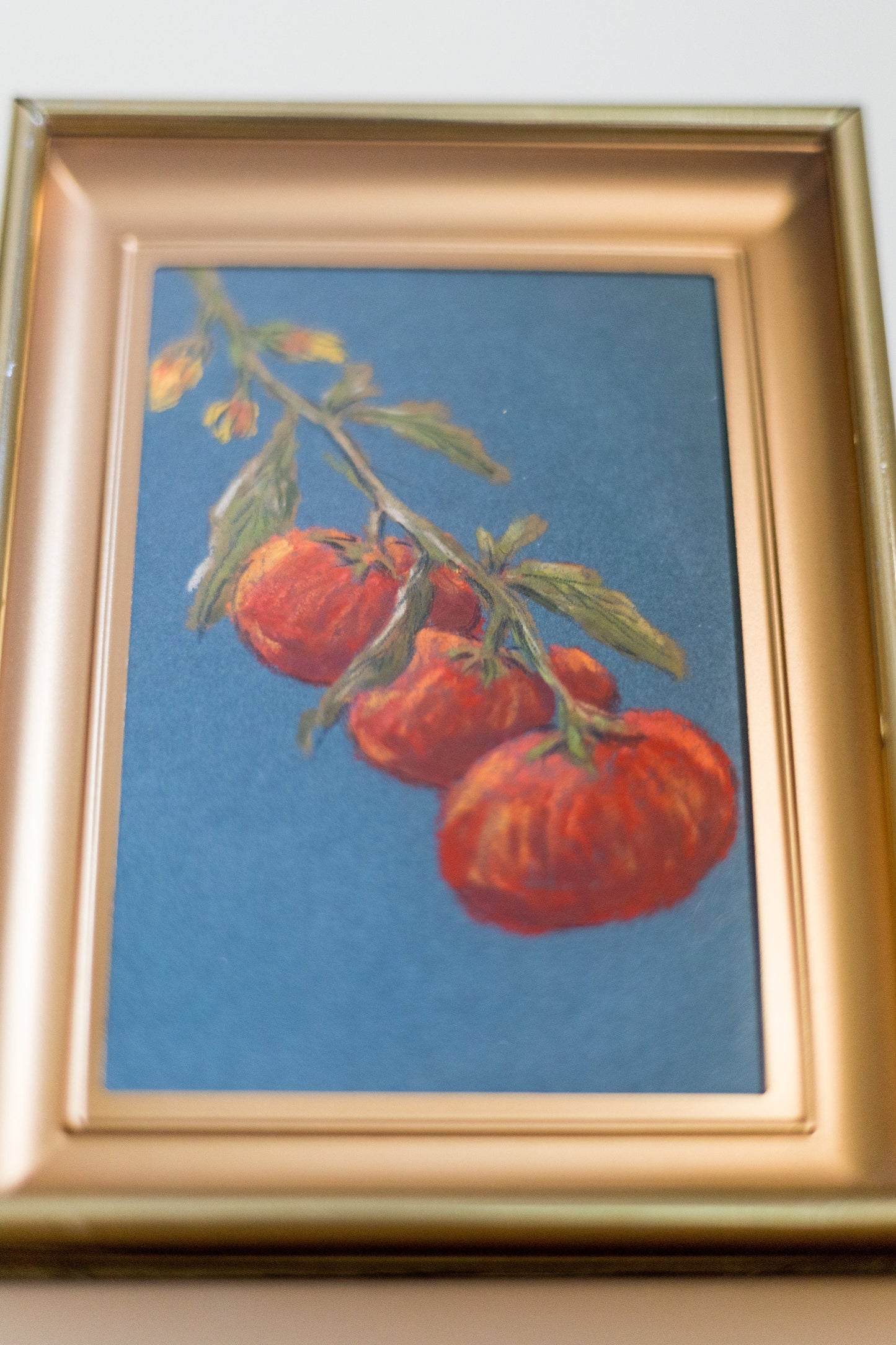 Summer Tomatoes - Original Chalk Pastel, Rectangle Frame Included, Still Life, Small, Minimalist, Vegetable, Whimsical, Muted, Farm House