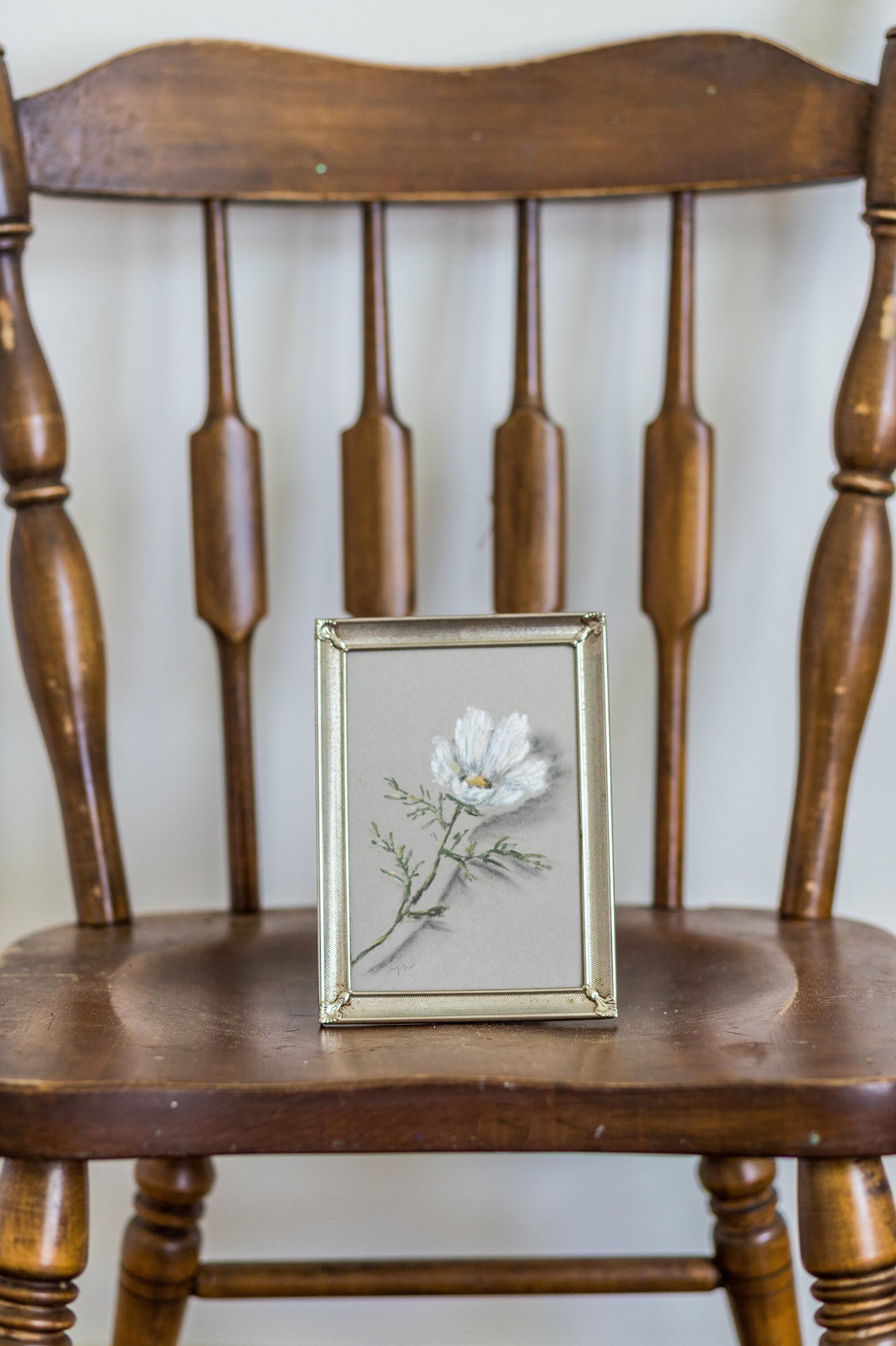 Floating Cosmos - Original Chalk Pastel Art, Rectangle Frame Included, Still Life Floral, Small, Minimalist, Unique, Whimsical, Moody