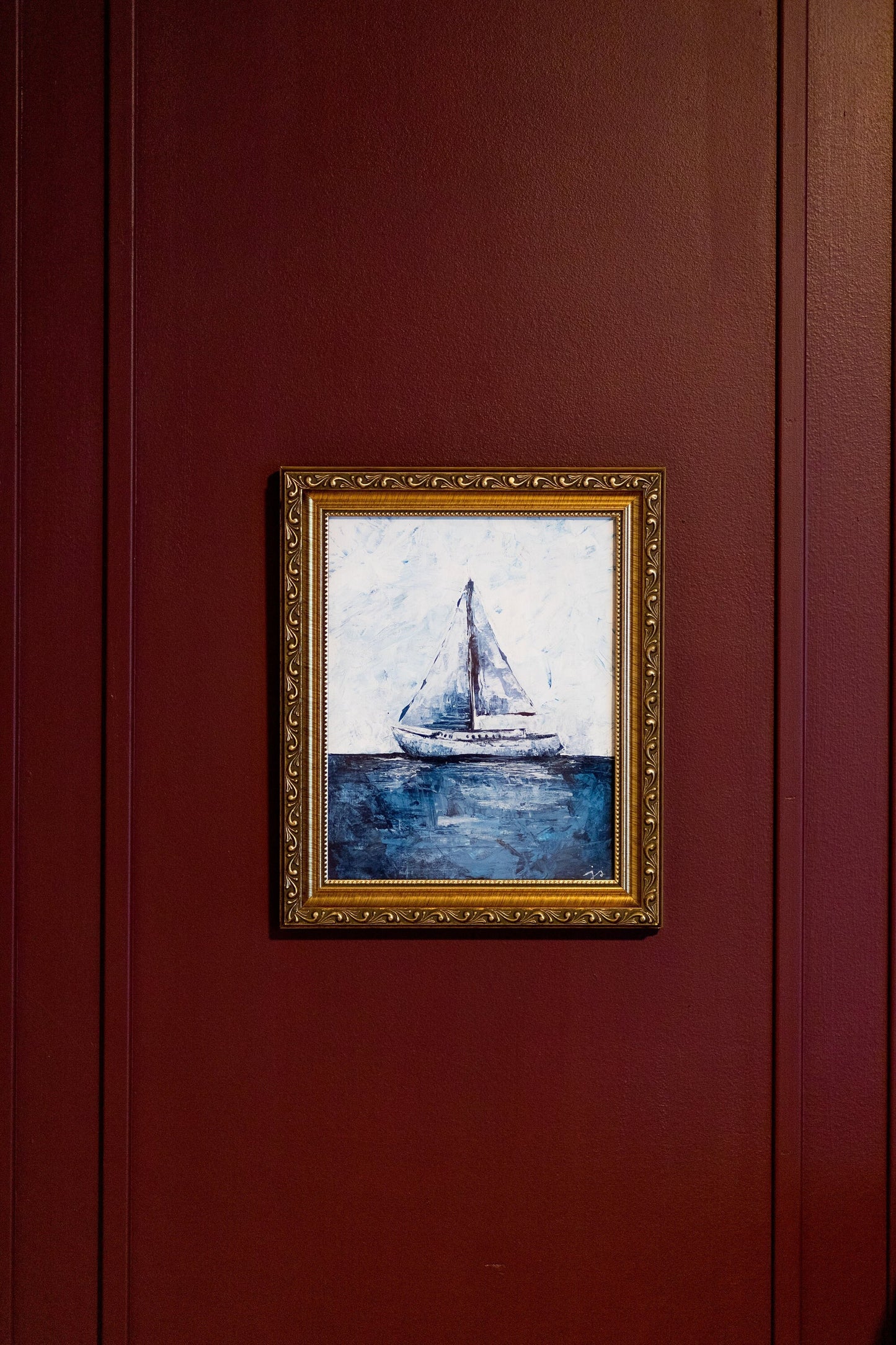 Blue Sailboat - Original Palette Knife Art, Rectangle Frame Included, Still Life, Small, Minimalist, Whimsical, Moody, Lake, Ocean, Beach