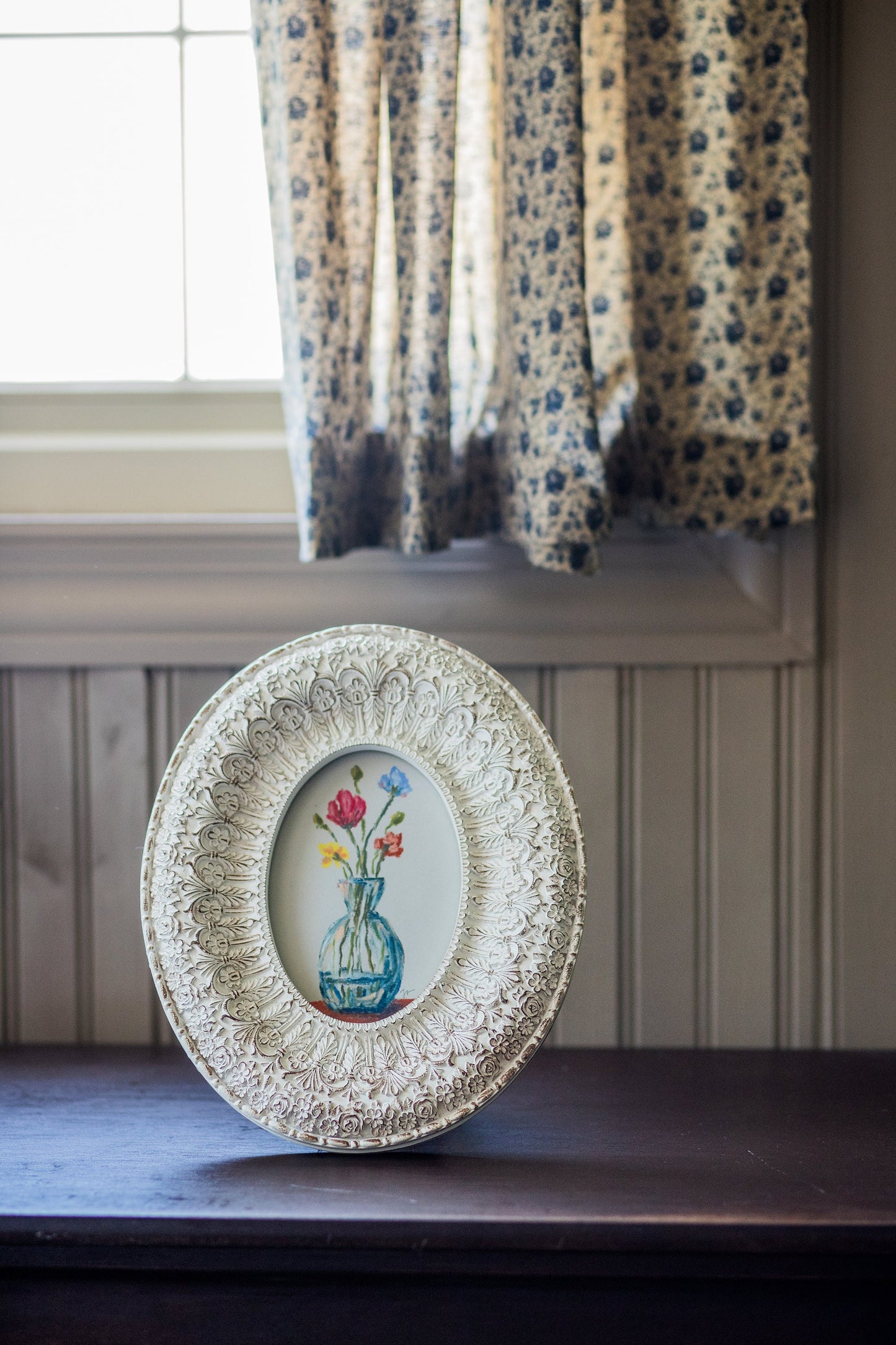 Assorted Flower Vase - Original Chalk Pastel Art, Oval Frame Included, Still Life Floral, Minimalist, Whimsical, Bright, Farm House, Playful