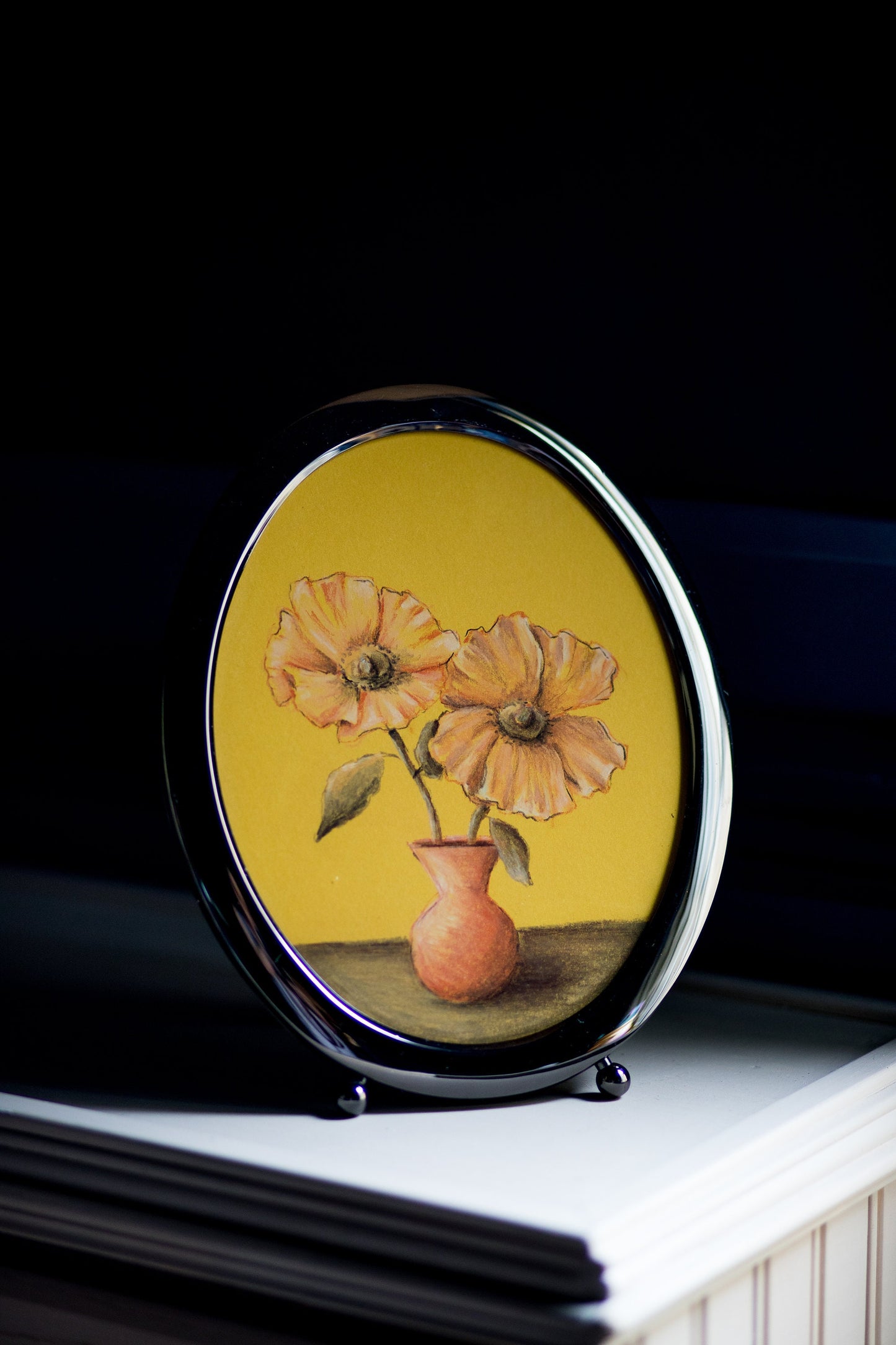 Yellow Poppies - Original Chalk Pastel, Oval Frame Included, Still Life, Small, Minimalist, Flower Vase, Floral, Whimsical, Muted, Playful