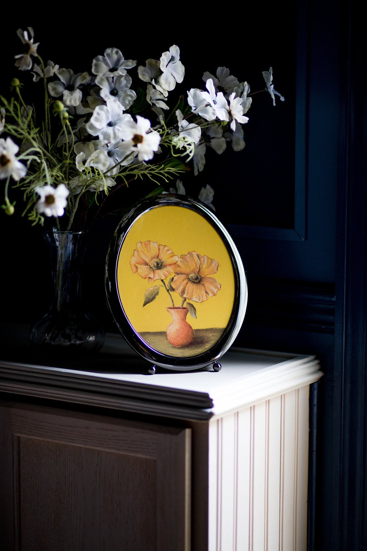 Yellow Poppies - Original Chalk Pastel, Oval Frame Included, Still Life, Small, Minimalist, Flower Vase, Floral, Whimsical, Muted, Playful