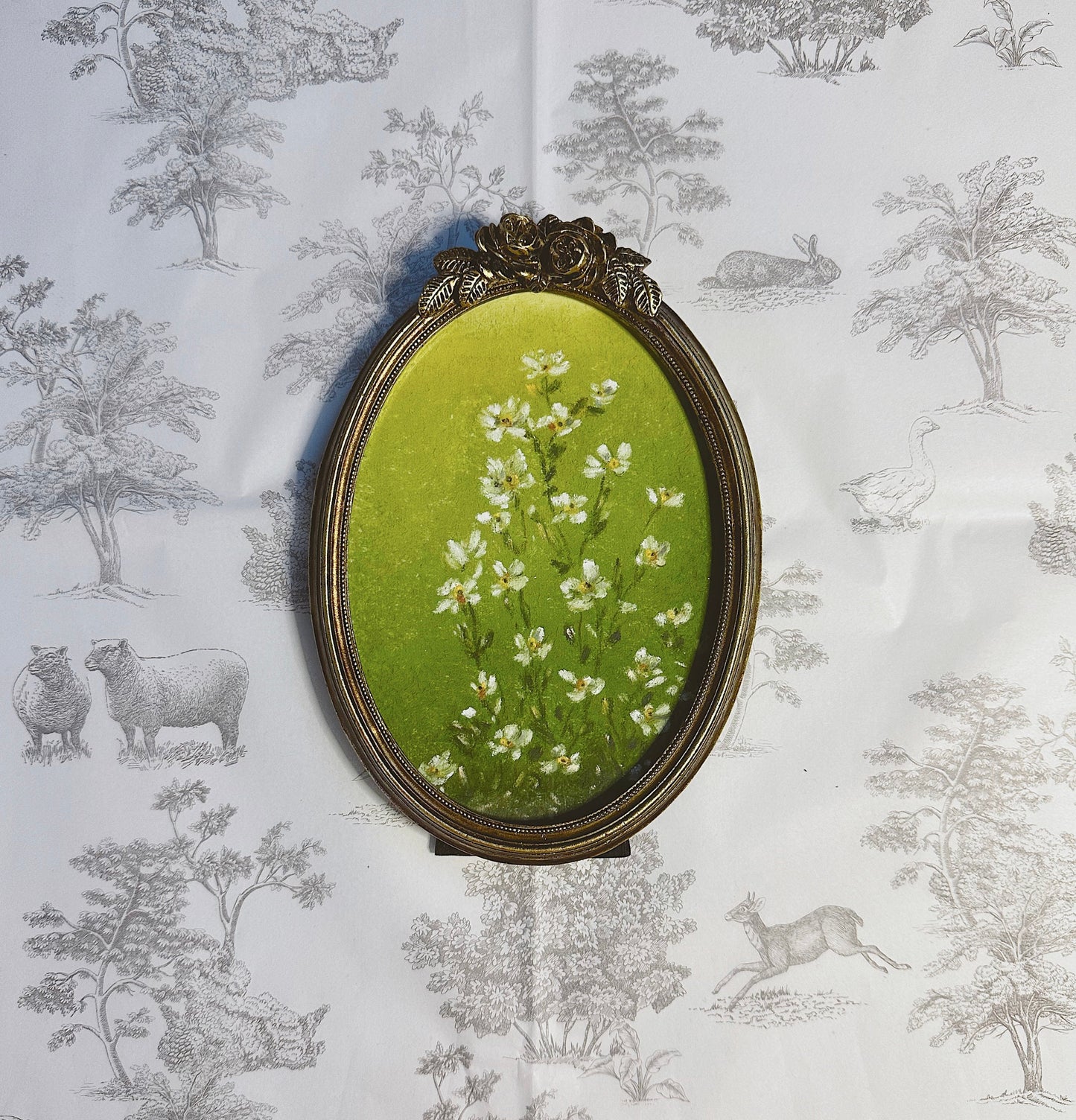 Simple Wild Flowers - Original Chalk Pastel Art, Oval Frame Included, Still Life Floral, Small, Minimalist, Whimsical, Moody, Farm House