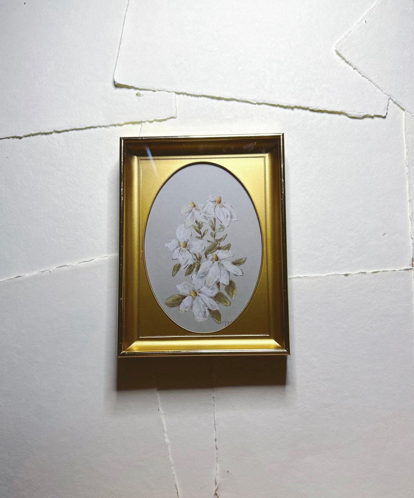 Simple Gardenia - Original Chalk Pastel Art, Rectangle Frame Included, Still Life Floral, Small, Minimalist, Whimsical, Moody, Farm House