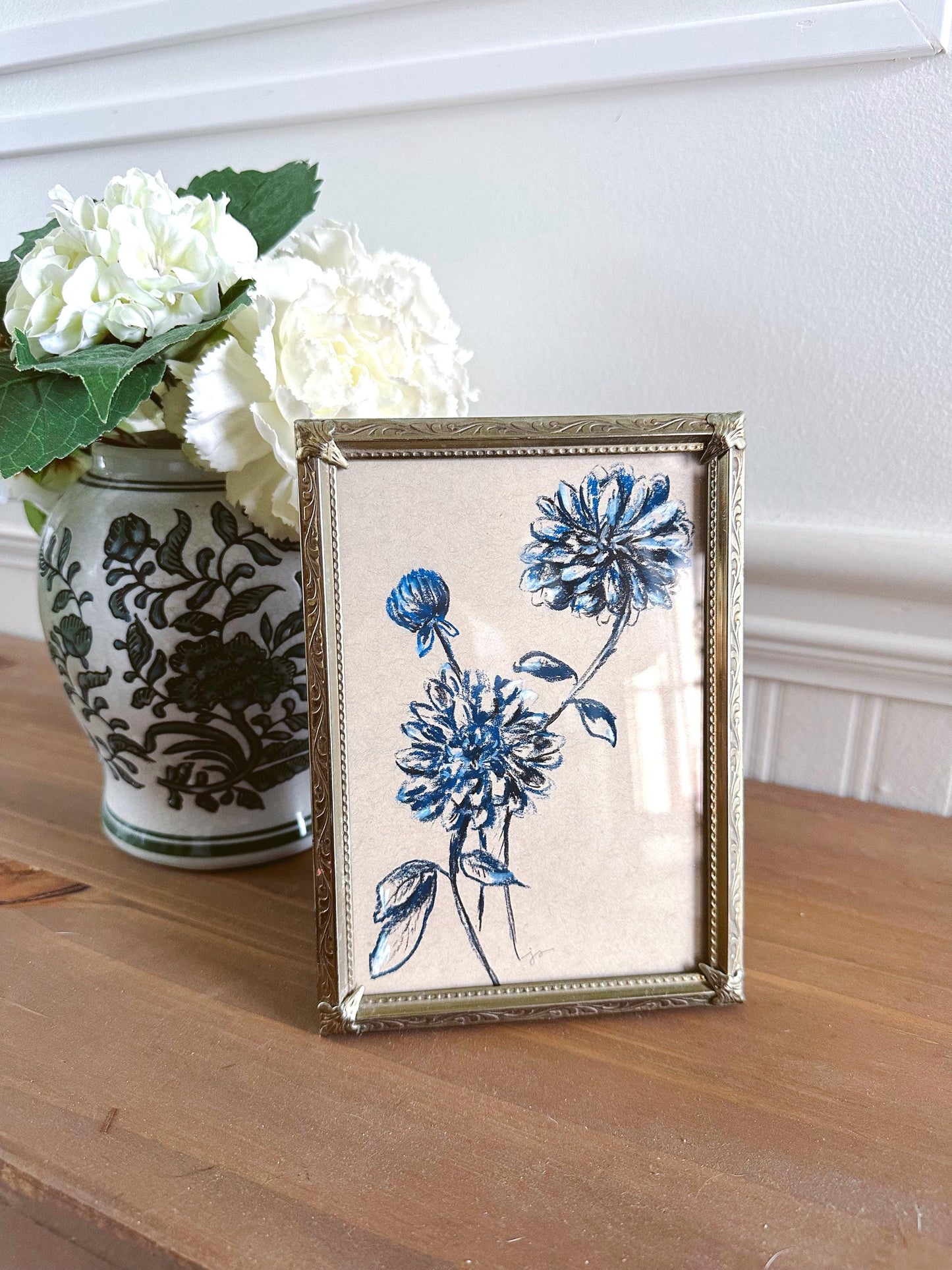 Blue Dahlias - Original Chalk Pastel, Rectangle Frame Included, Still Life, Small, Minimalist, Whimsical, Muted, Farm House, Simple, Elegant