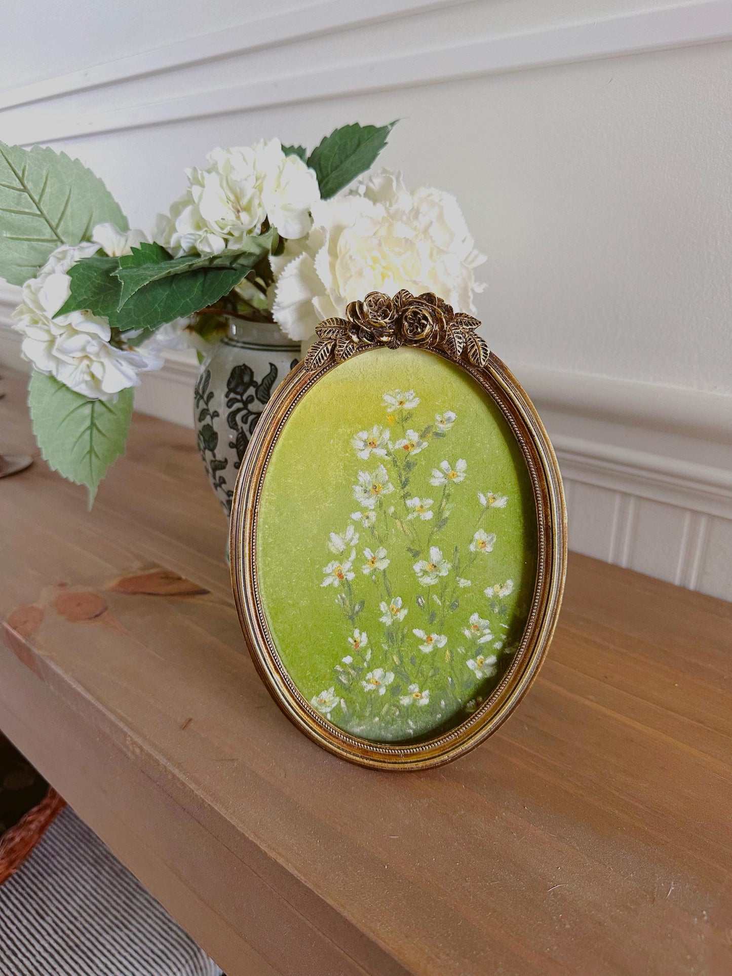 Simple Wild Flowers - Original Chalk Pastel Art, Oval Frame Included, Still Life Floral, Small, Minimalist, Whimsical, Moody, Farm House