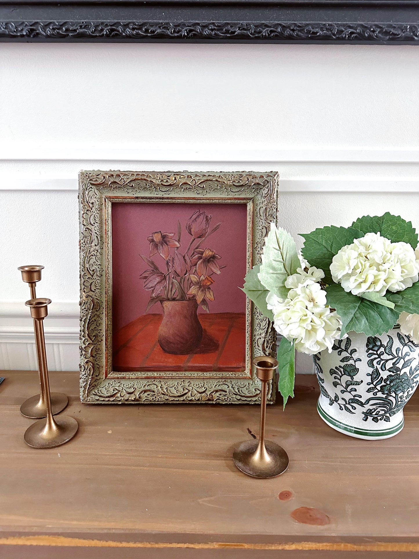 Burgundy Tulip and Daffodil - Original Chalk Pastel, Rectangle Frame Included, Still Life, Minimalist, Flower Vase, Floral, Whimsical, Muted