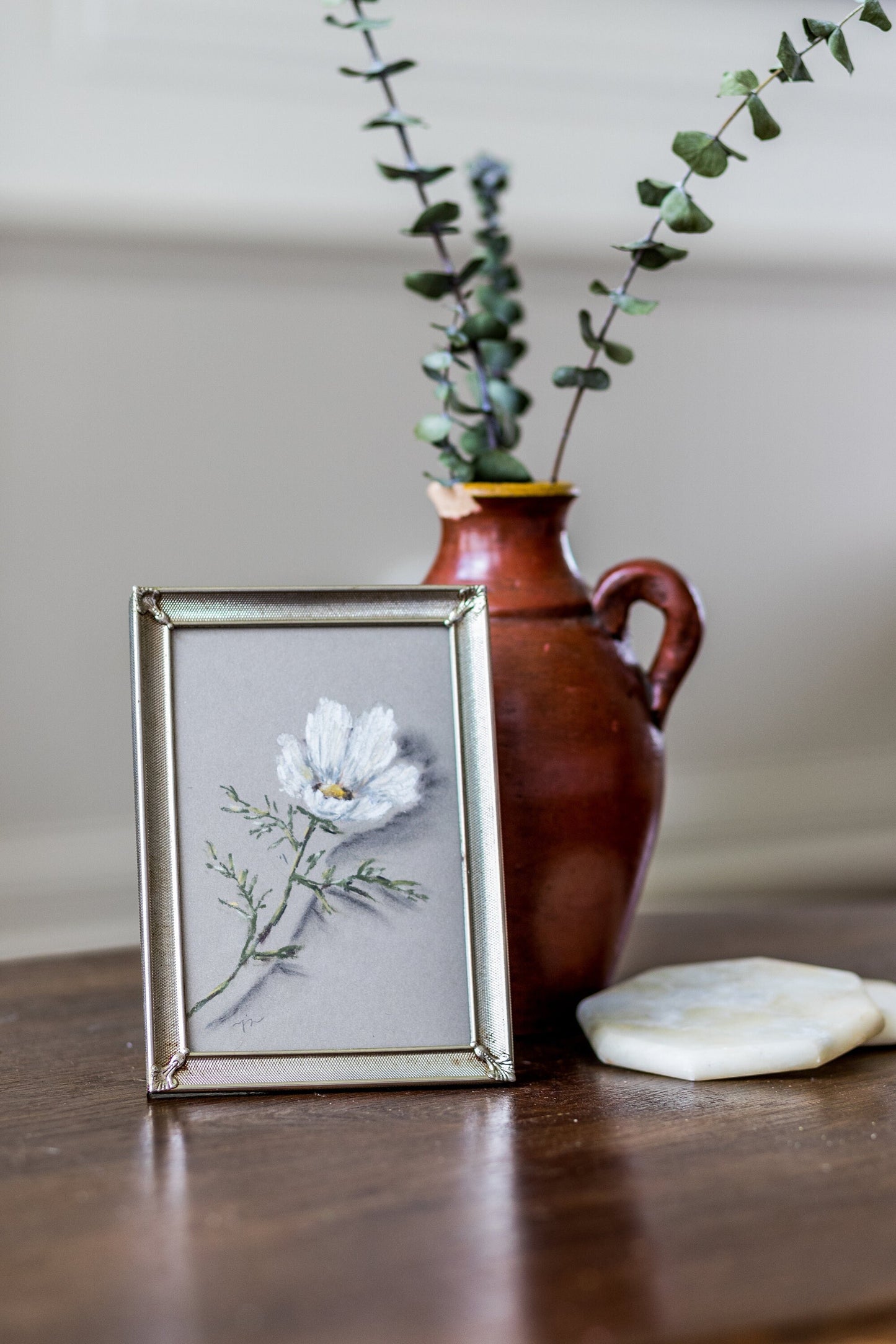 Floating Cosmos - Original Chalk Pastel Art, Rectangle Frame Included, Still Life Floral, Small, Minimalist, Unique, Whimsical, Moody
