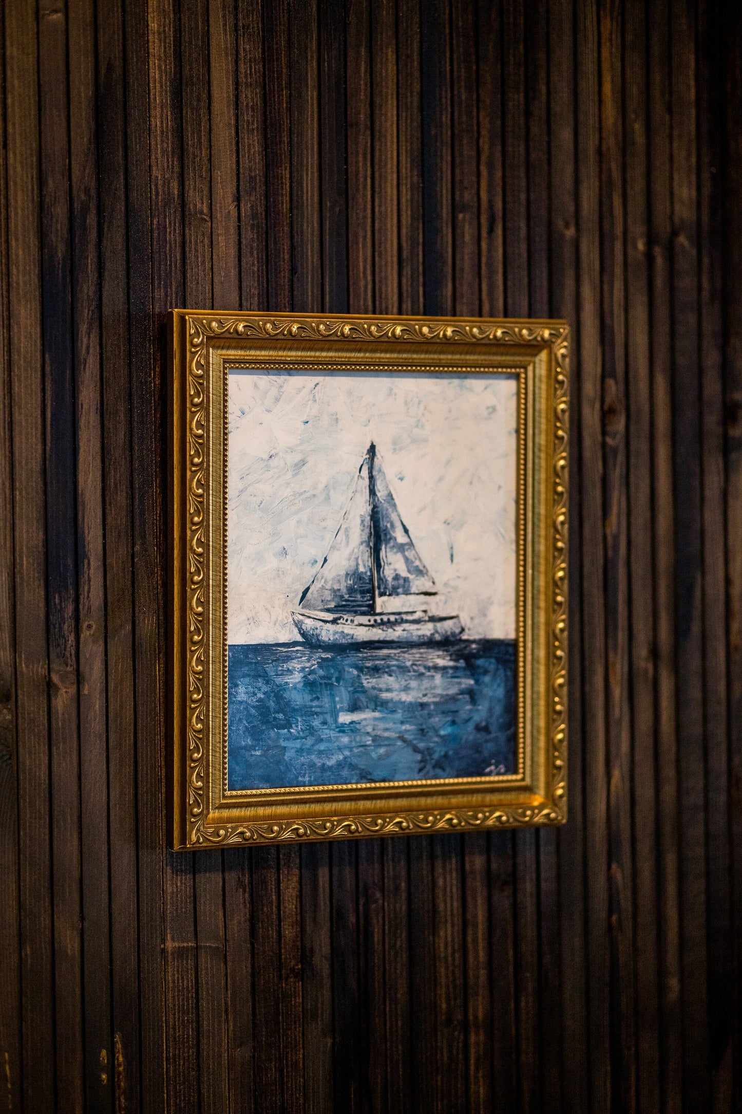 Blue Sailboat - Original Palette Knife Art, Rectangle Frame Included, Still Life, Small, Minimalist, Whimsical, Moody, Lake, Ocean, Beach