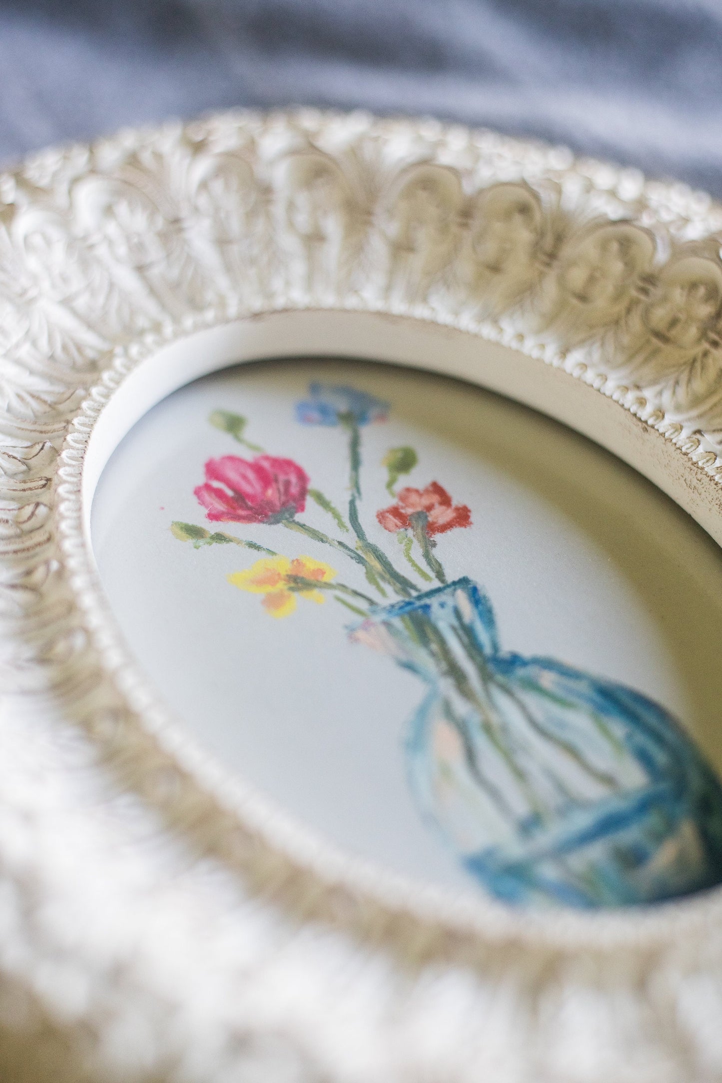 Assorted Flower Vase - Original Chalk Pastel Art, Oval Frame Included, Still Life Floral, Minimalist, Whimsical, Bright, Farm House, Playful