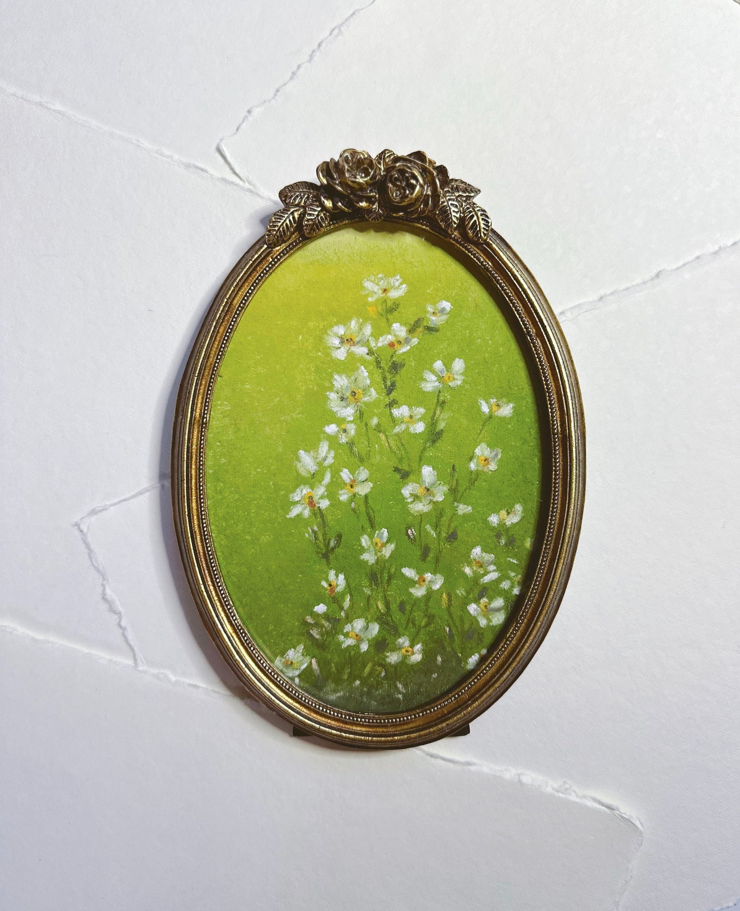 Simple Wild Flowers - Original Chalk Pastel Art, Oval Frame Included, Still Life Floral, Small, Minimalist, Whimsical, Moody, Farm House
