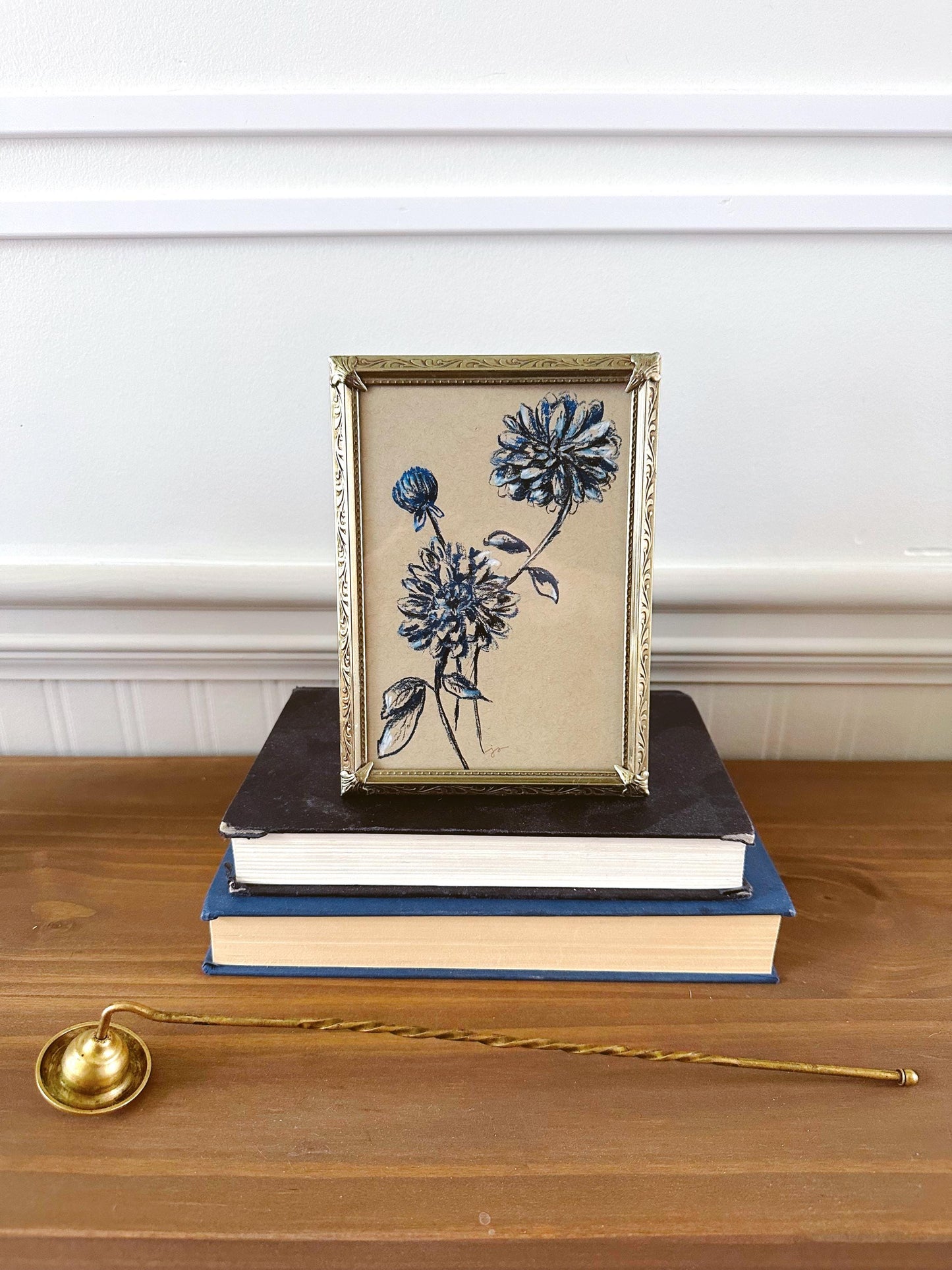 Blue Dahlias - Original Chalk Pastel, Rectangle Frame Included, Still Life, Small, Minimalist, Whimsical, Muted, Farm House, Simple, Elegant