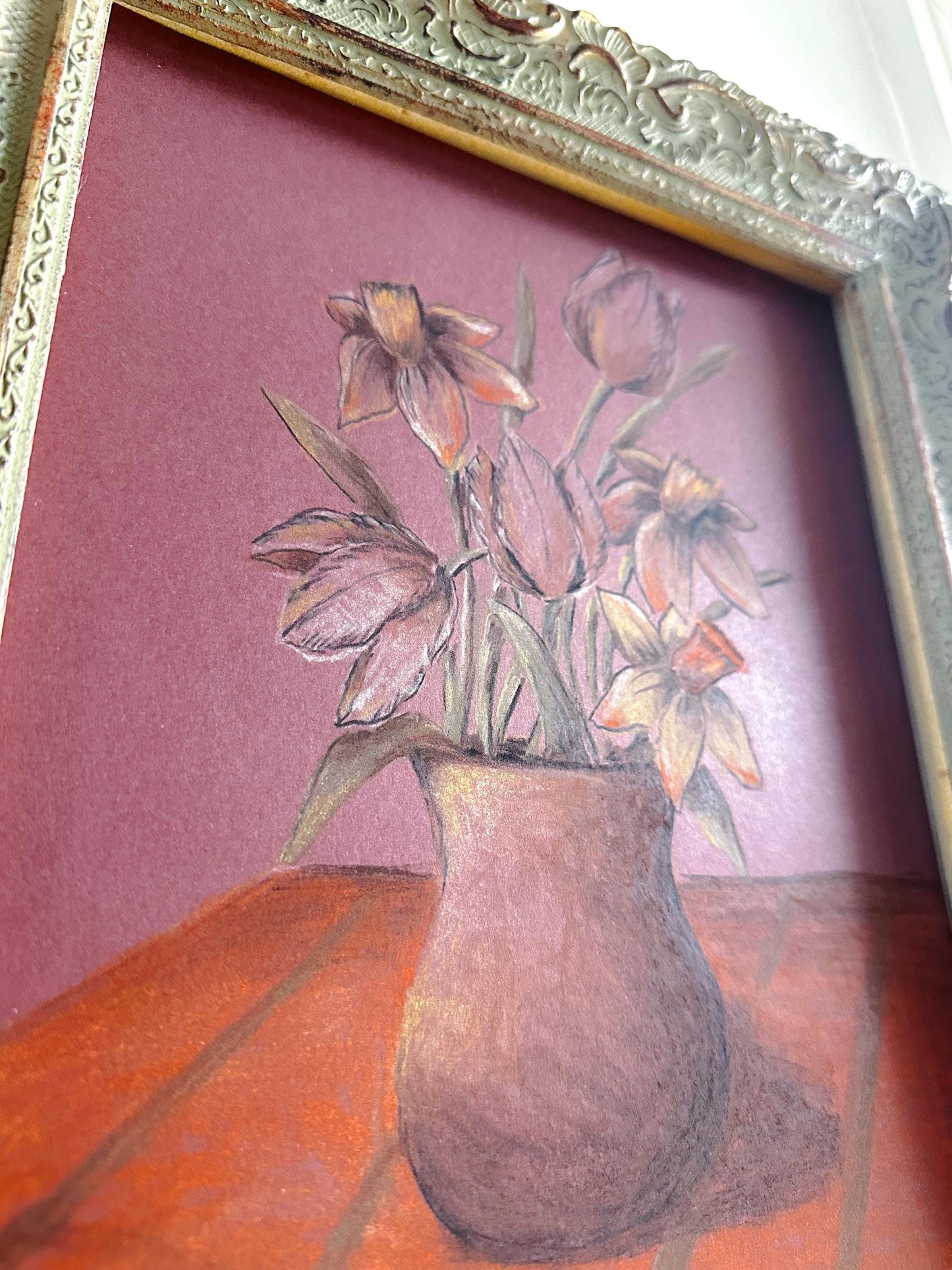 Burgundy Tulip and Daffodil - Original Chalk Pastel, Rectangle Frame Included, Still Life, Minimalist, Flower Vase, Floral, Whimsical, Muted