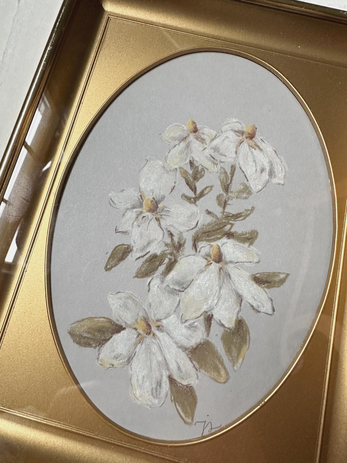 Simple Gardenia - Original Chalk Pastel Art, Rectangle Frame Included, Still Life Floral, Small, Minimalist, Whimsical, Moody, Farm House