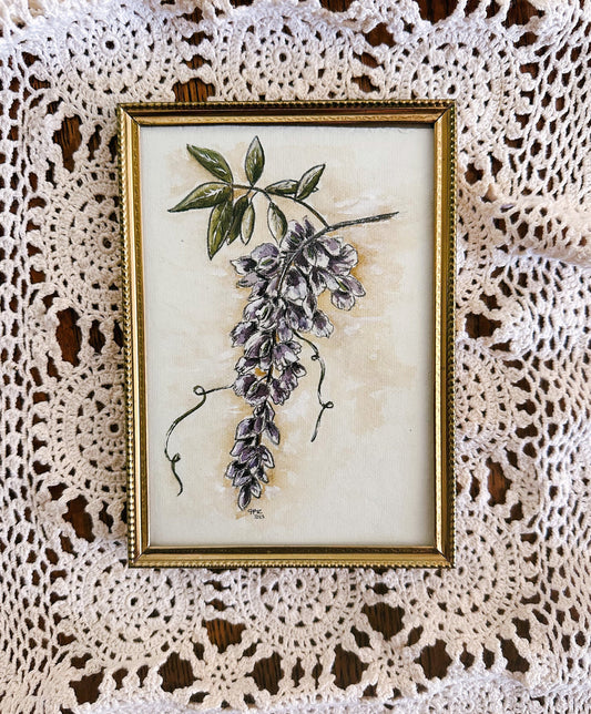Watercolor and Charcoal Wysteria, Frame Included - Unique, Original Drawing, Still Life Floral, Small, Minimalist, Vintage inspired