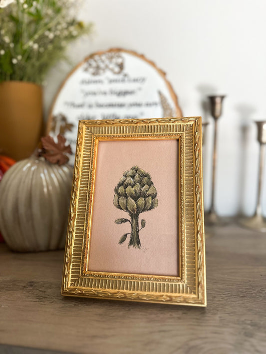 Original Chalk Pastel Artichoke, Frame Included - Vintage Inspired, Small, Minimalist, Impressionist, Unique, Muted, Whimsical, Farmhouse