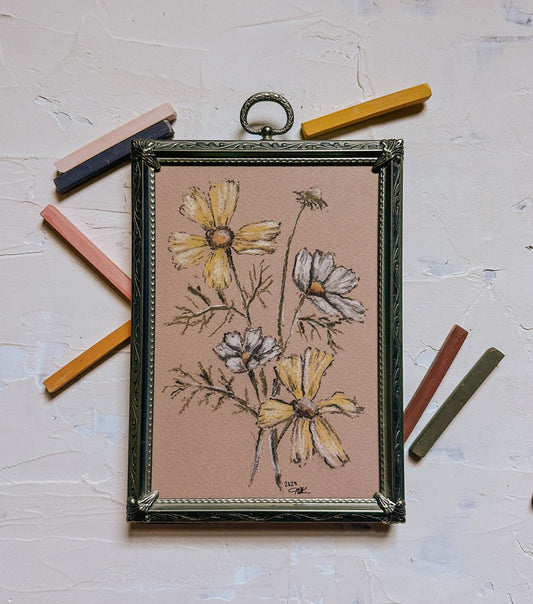 Loose Chalk Pastel Cosmos, Vintage Frame Included - Original, Still Life Floral, Small, Minimalist, Impressionist, Unique, Muted, Whimsical