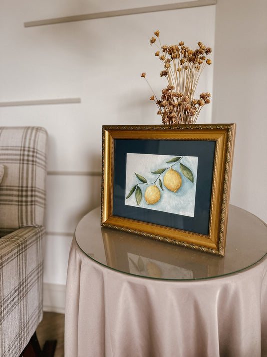 Original Framed Watercolor Painting - Lemon A Day, Vintage Frame, Simple, Whimsical, Dainty, Fruit Art, Boho, Original Wall Art, Plant Decor