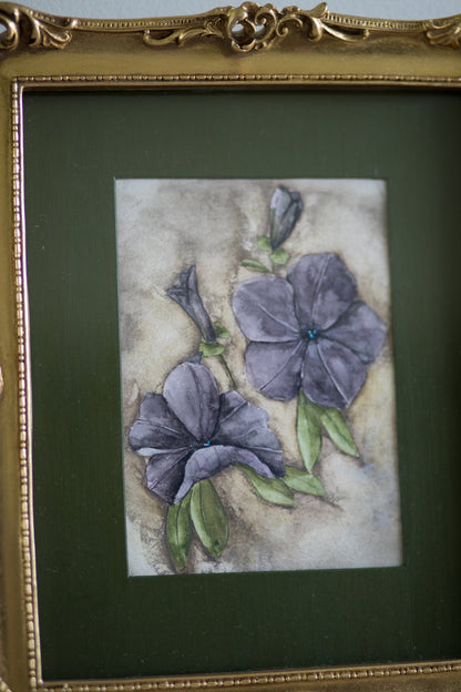 Purple Pansies - Original Watercolor Art, Rectangle Frame Included, Still Life Floral, Small, Minimalist, Unique, Whimsical, Muted, Moody