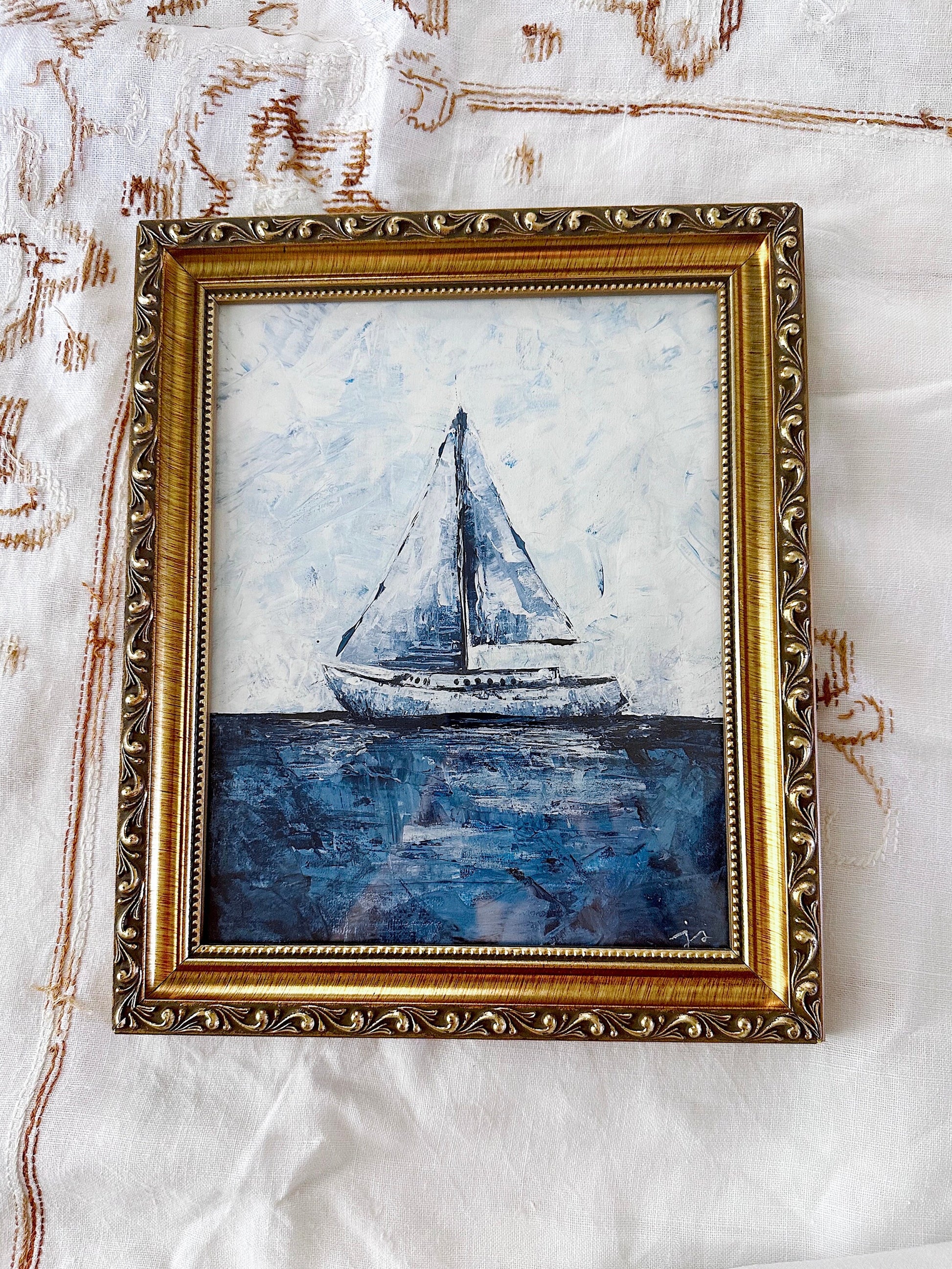 Blue Sailboat - Original Palette Knife Art, Rectangle Frame Included, Still Life, Small, Minimalist, Whimsical, Moody, Lake, Ocean, Beach