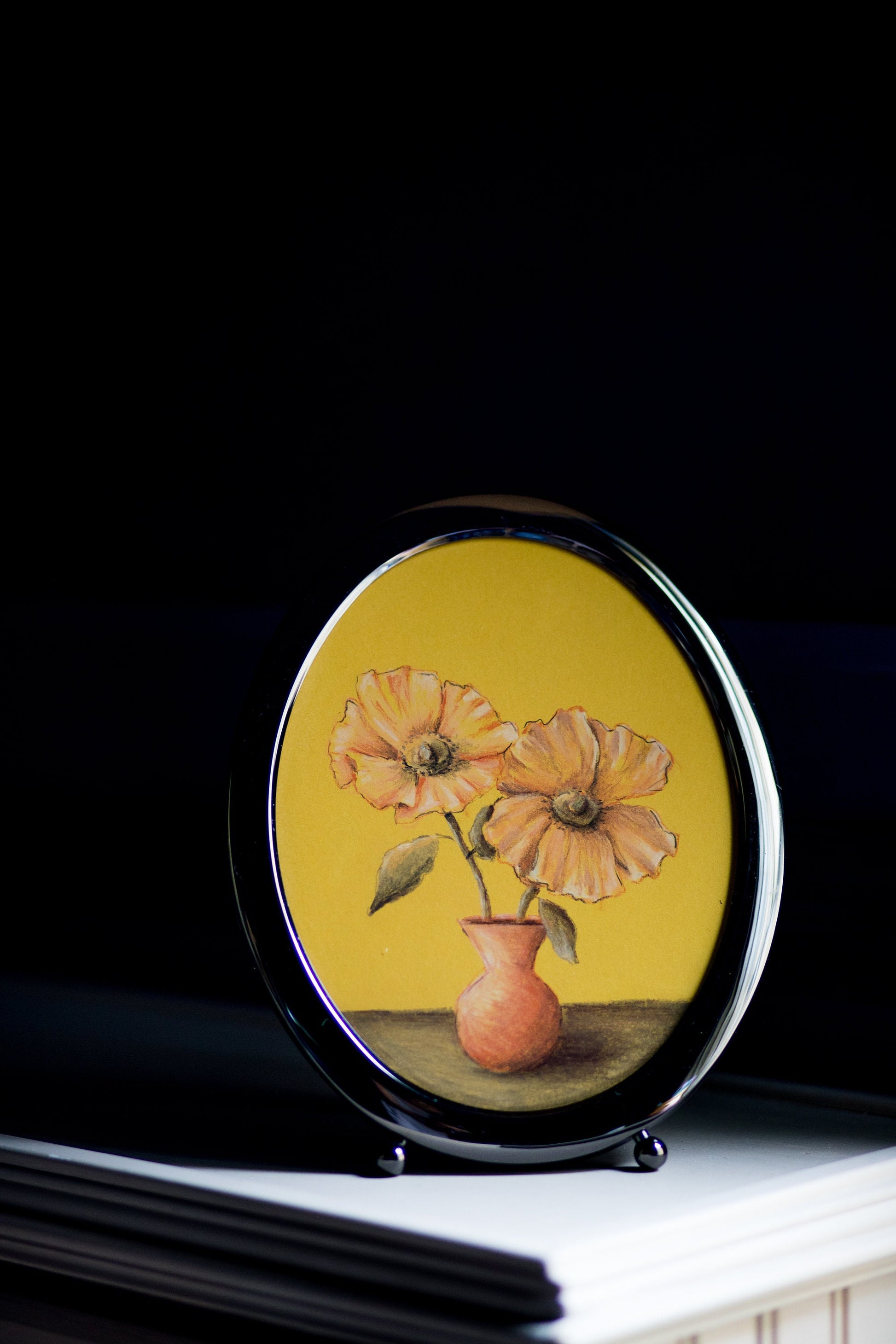 Yellow Poppies - Original Chalk Pastel, Oval Frame Included, Still Life, Small, Minimalist, Flower Vase, Floral, Whimsical, Muted, Playful