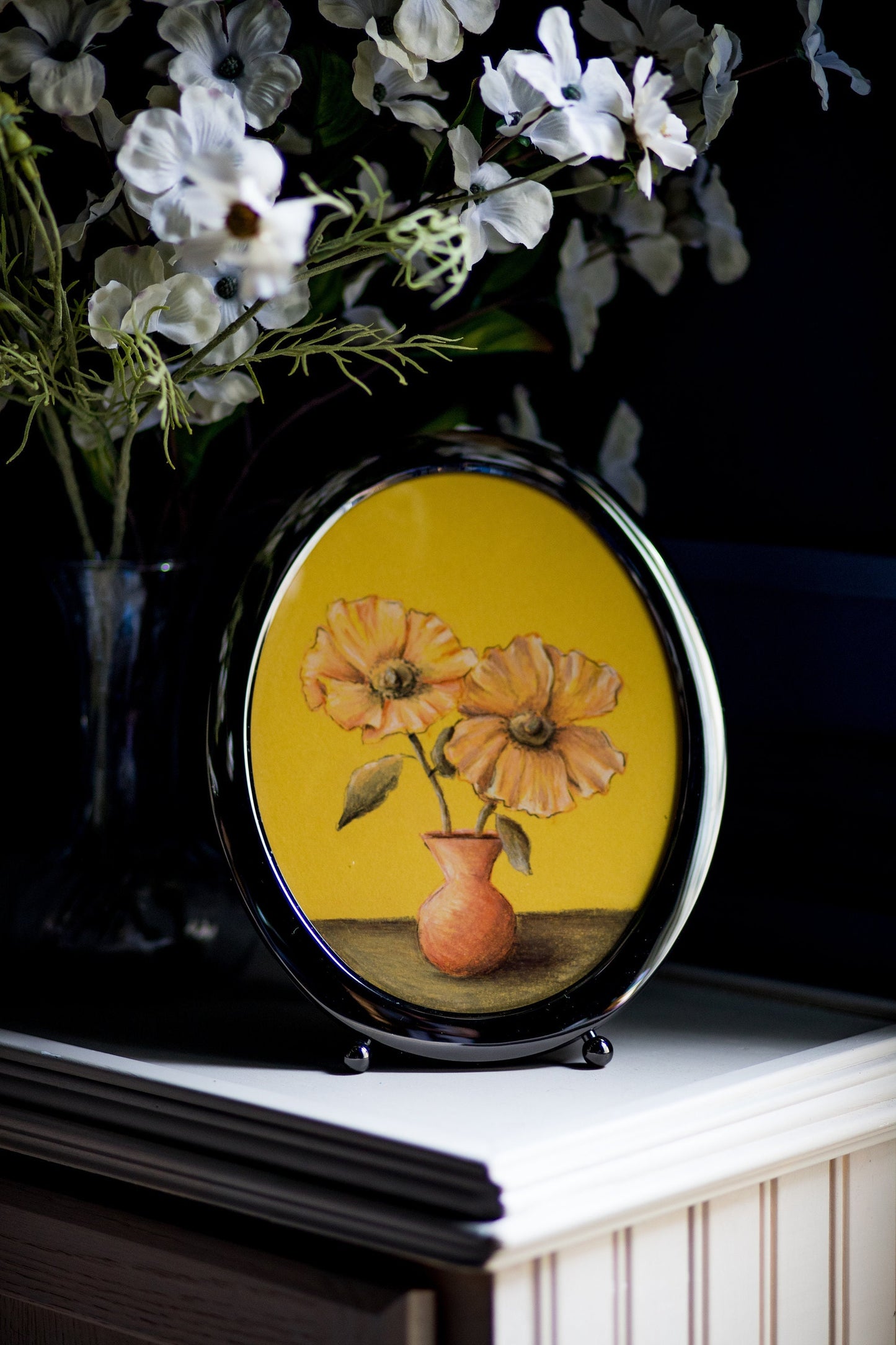 Yellow Poppies - Original Chalk Pastel, Oval Frame Included, Still Life, Small, Minimalist, Flower Vase, Floral, Whimsical, Muted, Playful