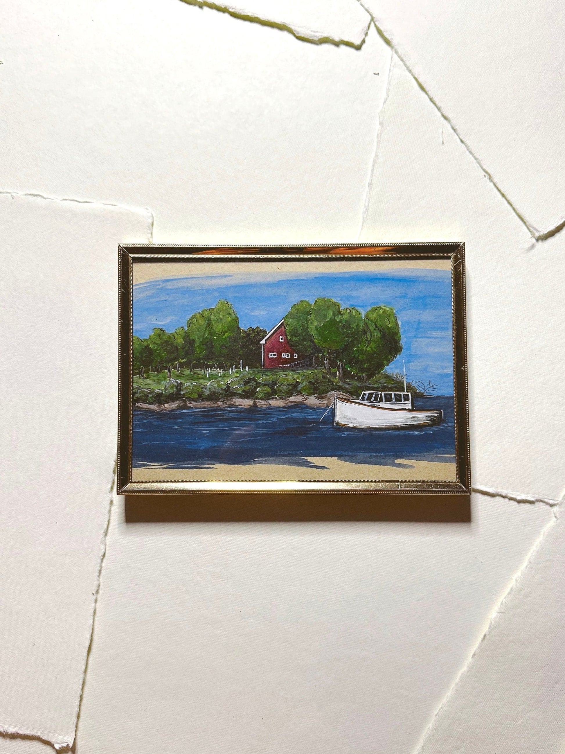 Portland Maine Landscape - Original Gouache Art, Rectangle Frame Included, Small, Minimalist, Harbor, Whimsical, Muted, Boat Art, Simple,