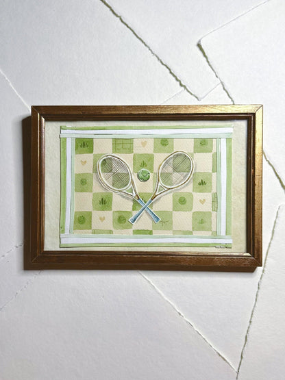 Tennis Racket Collage - Original Art, Rectangle Frame Included, Small, Minimalist, Unique, Whimsical, Playful, Nursery, Sports Art