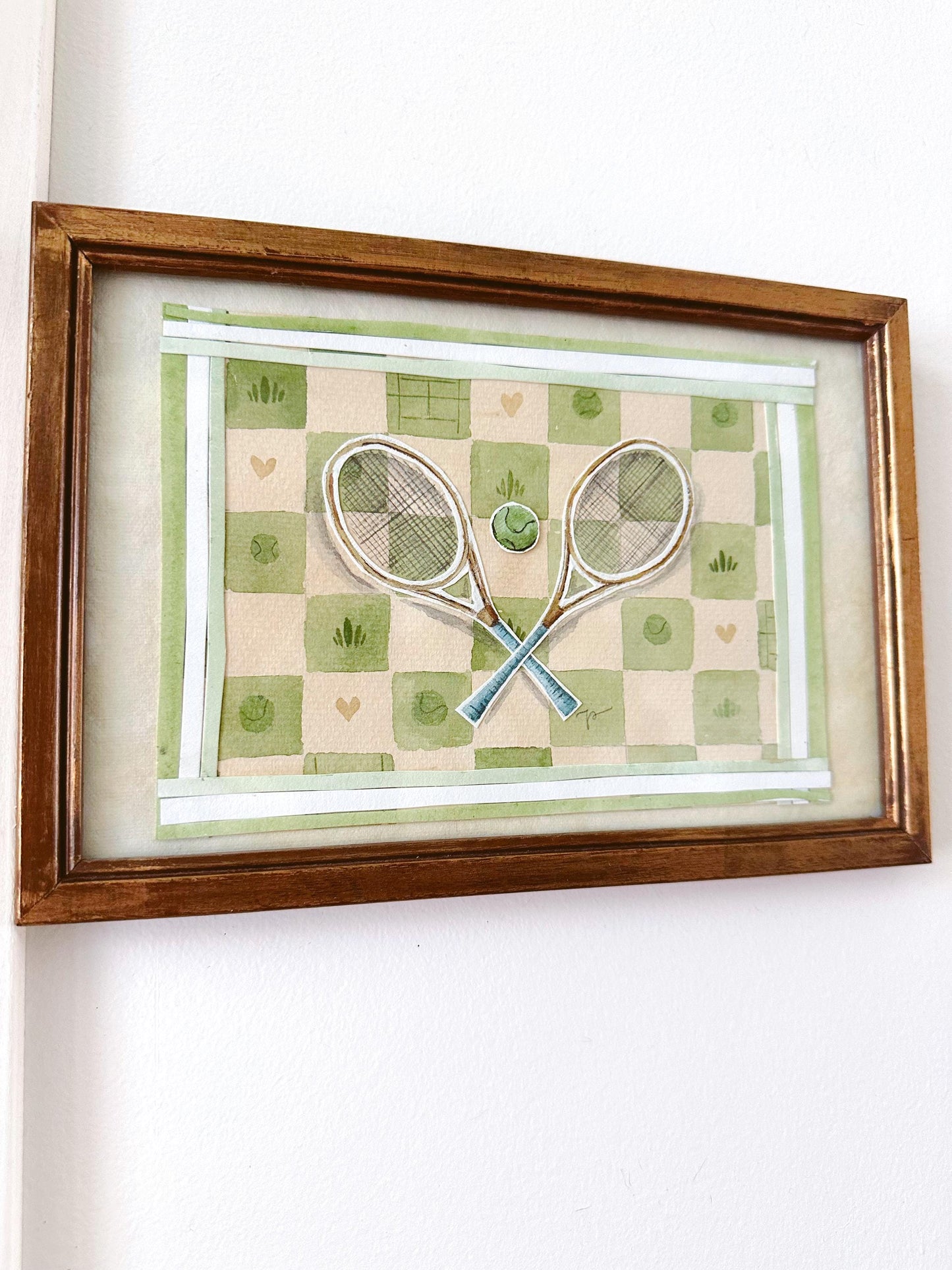 Tennis Racket Collage - Original Art, Rectangle Frame Included, Small, Minimalist, Unique, Whimsical, Playful, Nursery, Sports Art