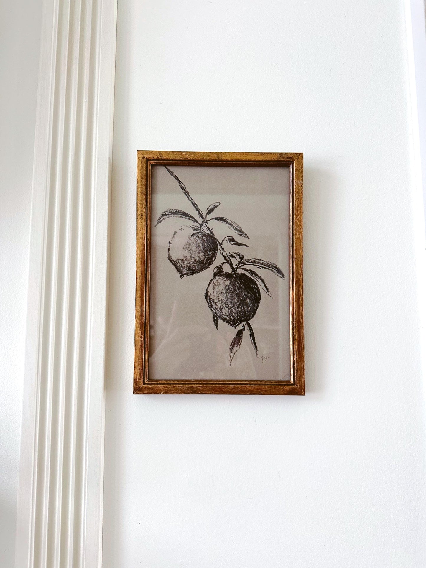 Sketch Peaches - Original Charcoal Art, Rectangle Frame Included, Still Life Floral, Small, Minimalist, Unique, Whimsical, Moody, Simple