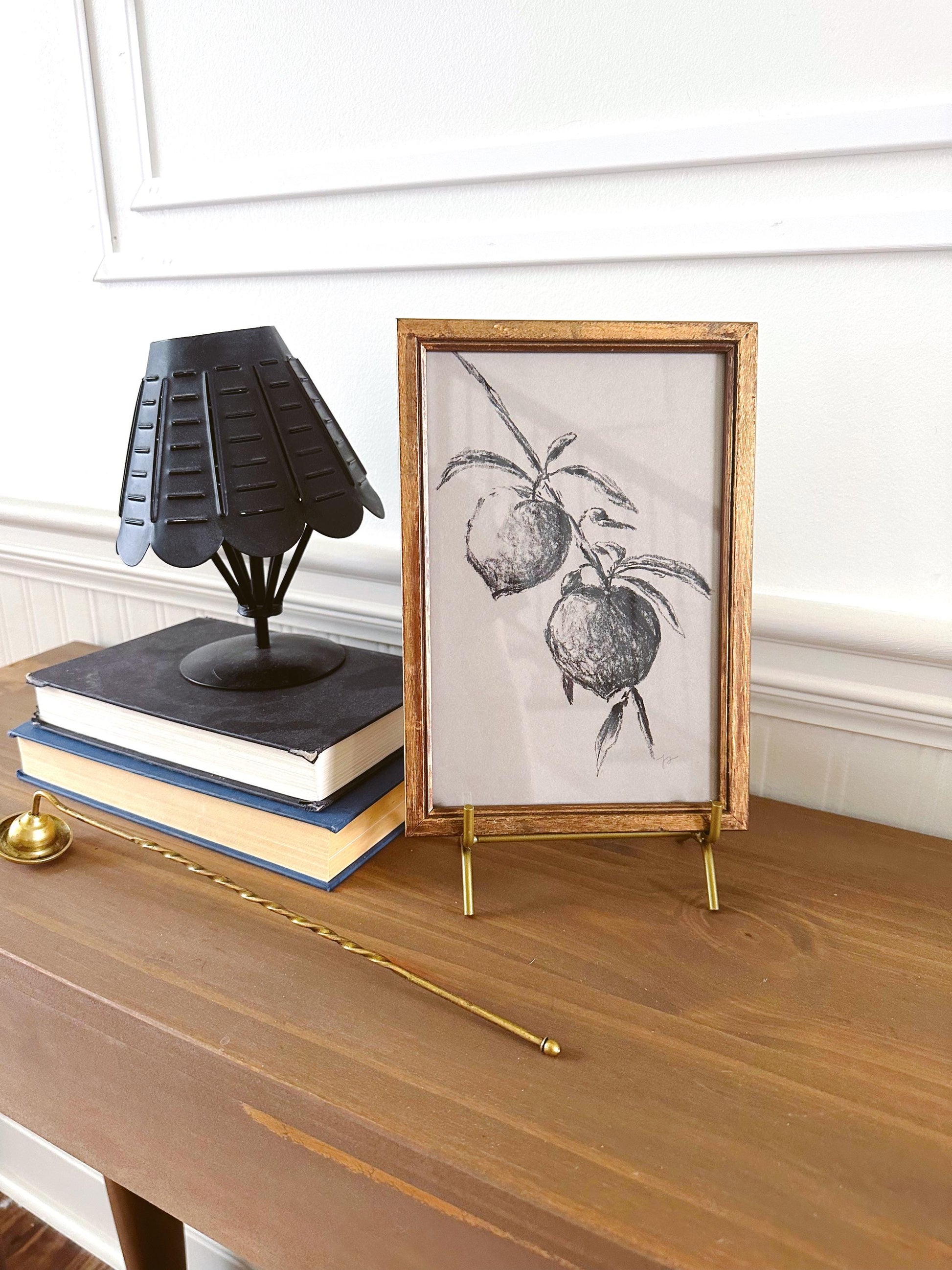 Sketch Peaches - Original Charcoal Art, Rectangle Frame Included, Still Life Floral, Small, Minimalist, Unique, Whimsical, Moody, Simple