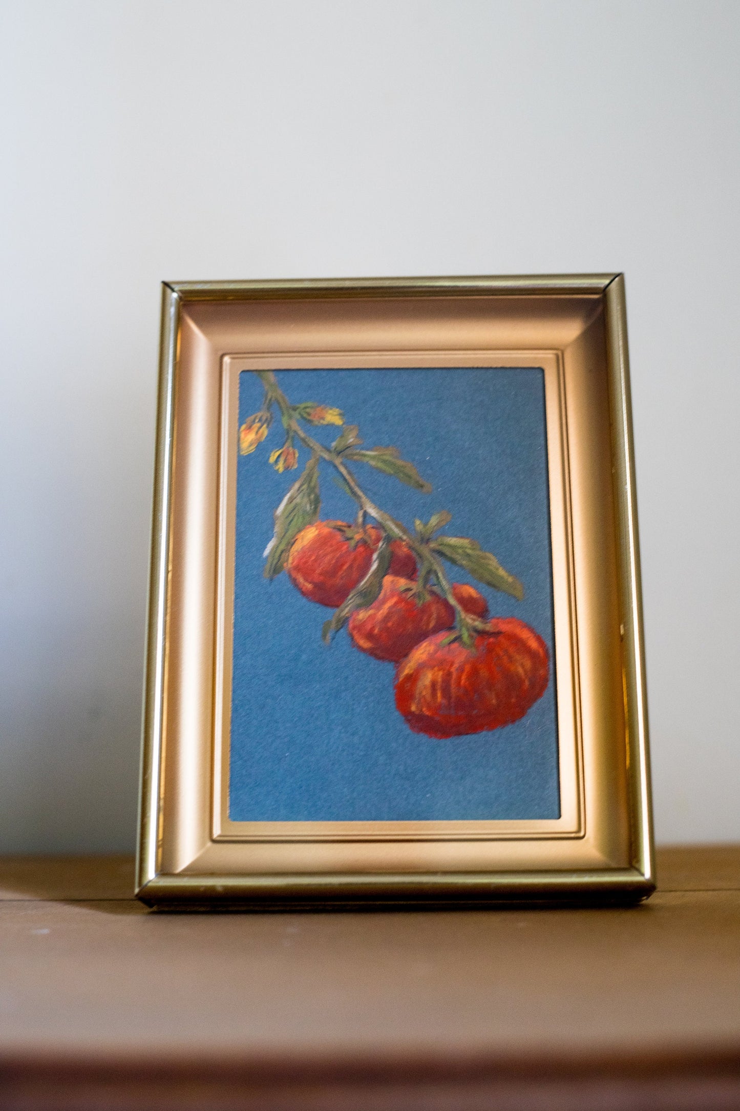 Summer Tomatoes - Original Chalk Pastel, Rectangle Frame Included, Still Life, Small, Minimalist, Vegetable, Whimsical, Muted, Farm House