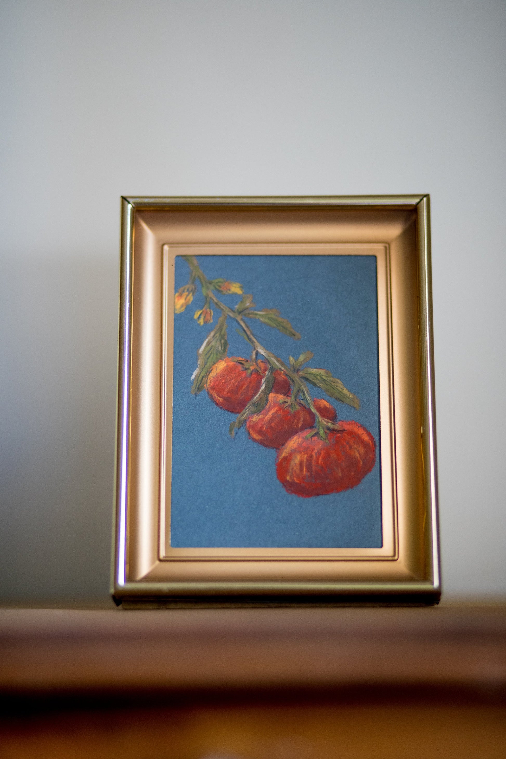 Summer Tomatoes - Original Chalk Pastel, Rectangle Frame Included, Still Life, Small, Minimalist, Vegetable, Whimsical, Muted, Farm House