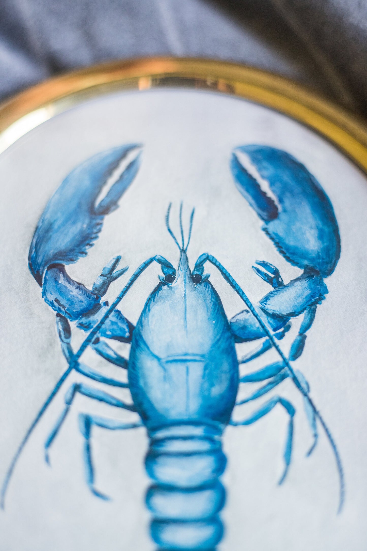 Blue Lobster - Original Watercolor Art, Oval Frame Included, Still Life, Small, Minimalist, Ocean, Sea, Whimsical, Playful, Harbor, Maine