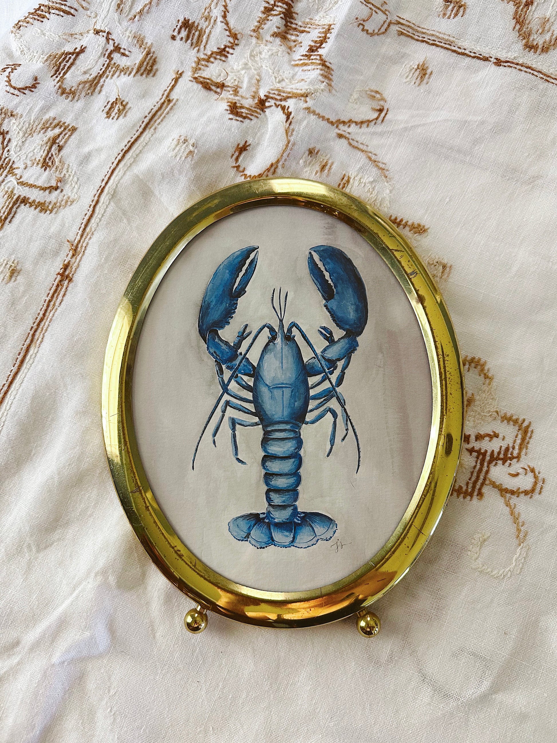 Blue Lobster - Original Watercolor Art, Oval Frame Included, Still Life, Small, Minimalist, Ocean, Sea, Whimsical, Playful, Harbor, Maine