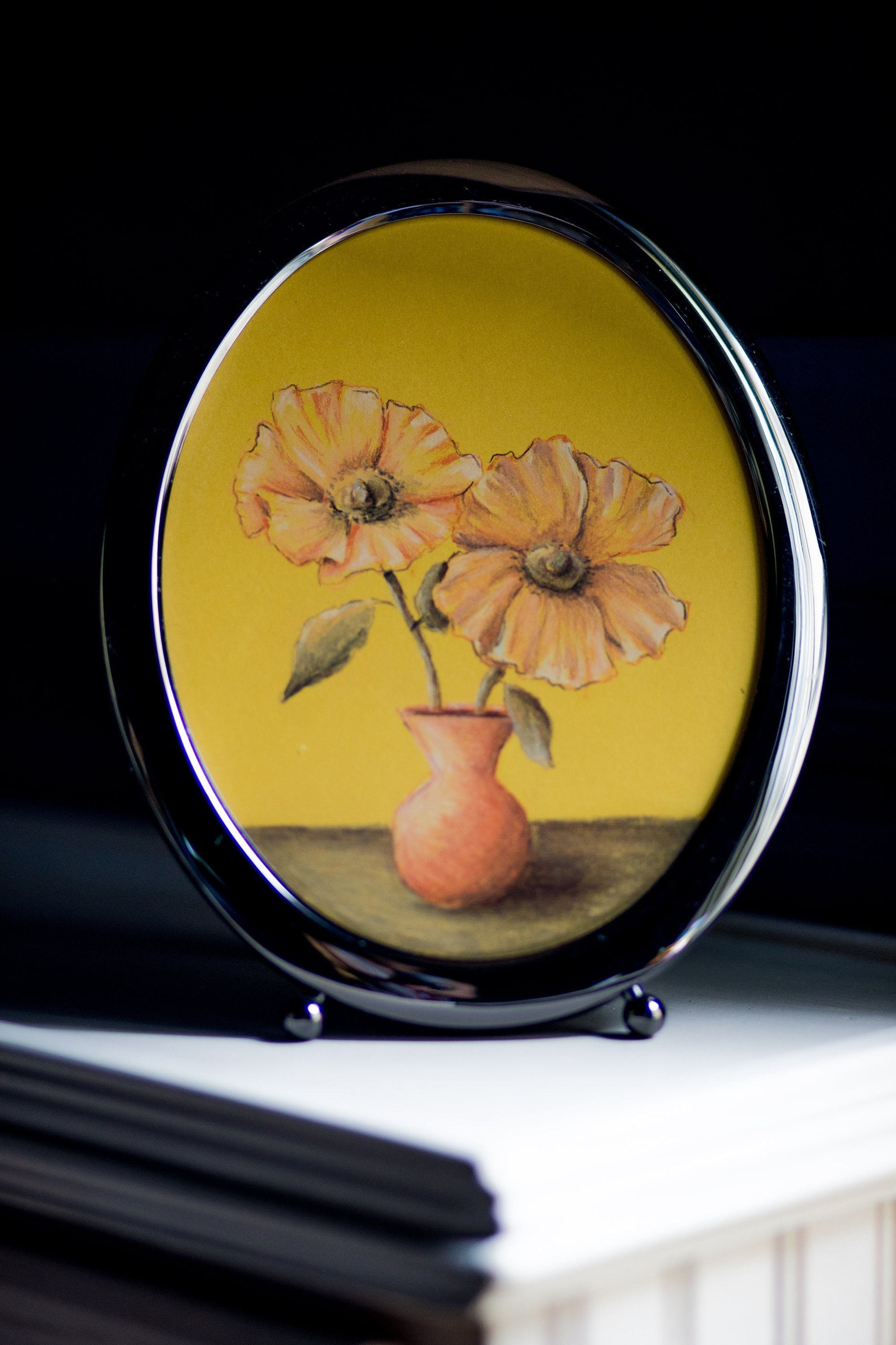 Yellow Poppies - Original Chalk Pastel, Oval Frame Included, Still Life, Small, Minimalist, Flower Vase, Floral, Whimsical, Muted, Playful