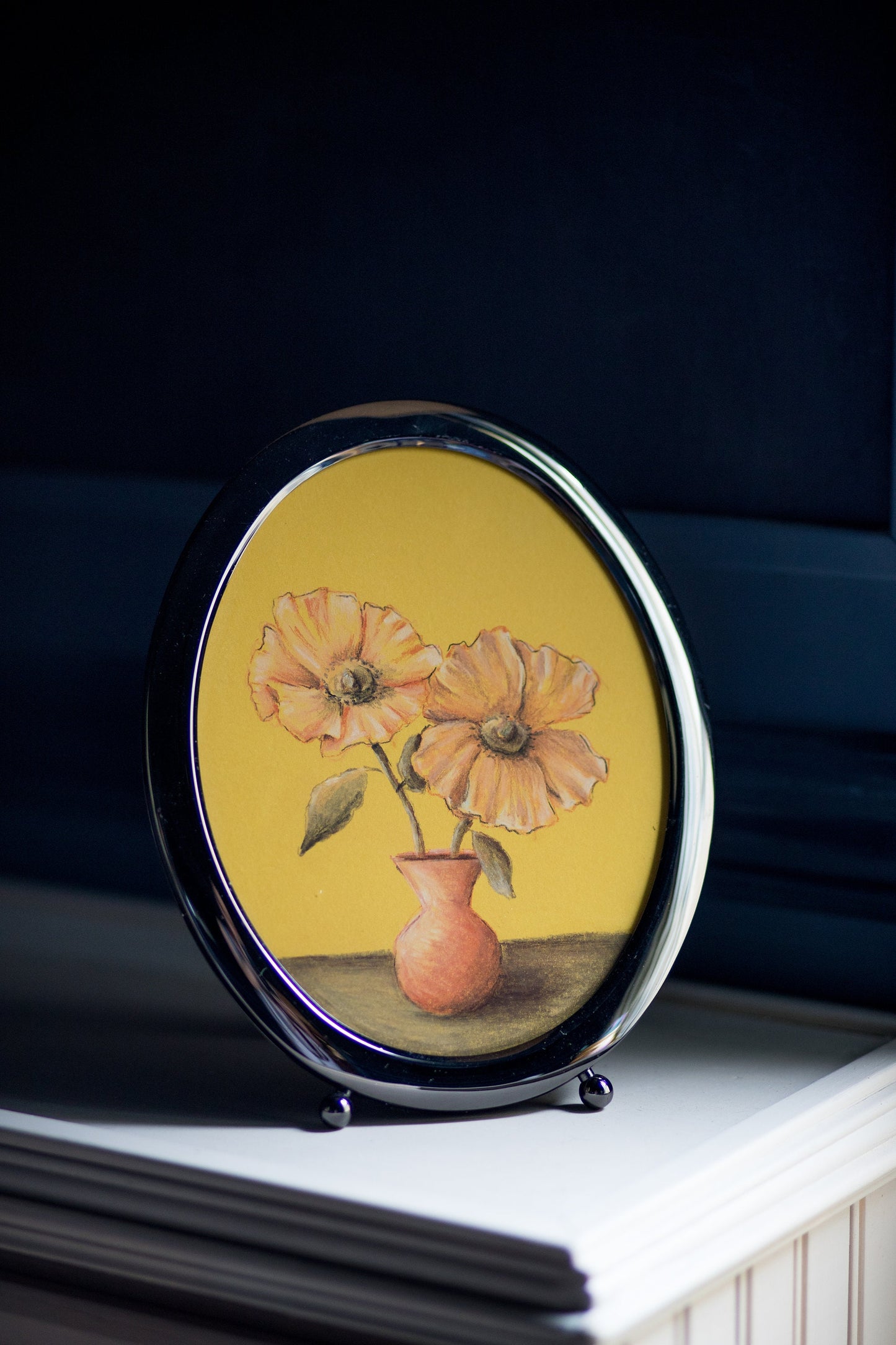 Yellow Poppies - Original Chalk Pastel, Oval Frame Included, Still Life, Small, Minimalist, Flower Vase, Floral, Whimsical, Muted, Playful