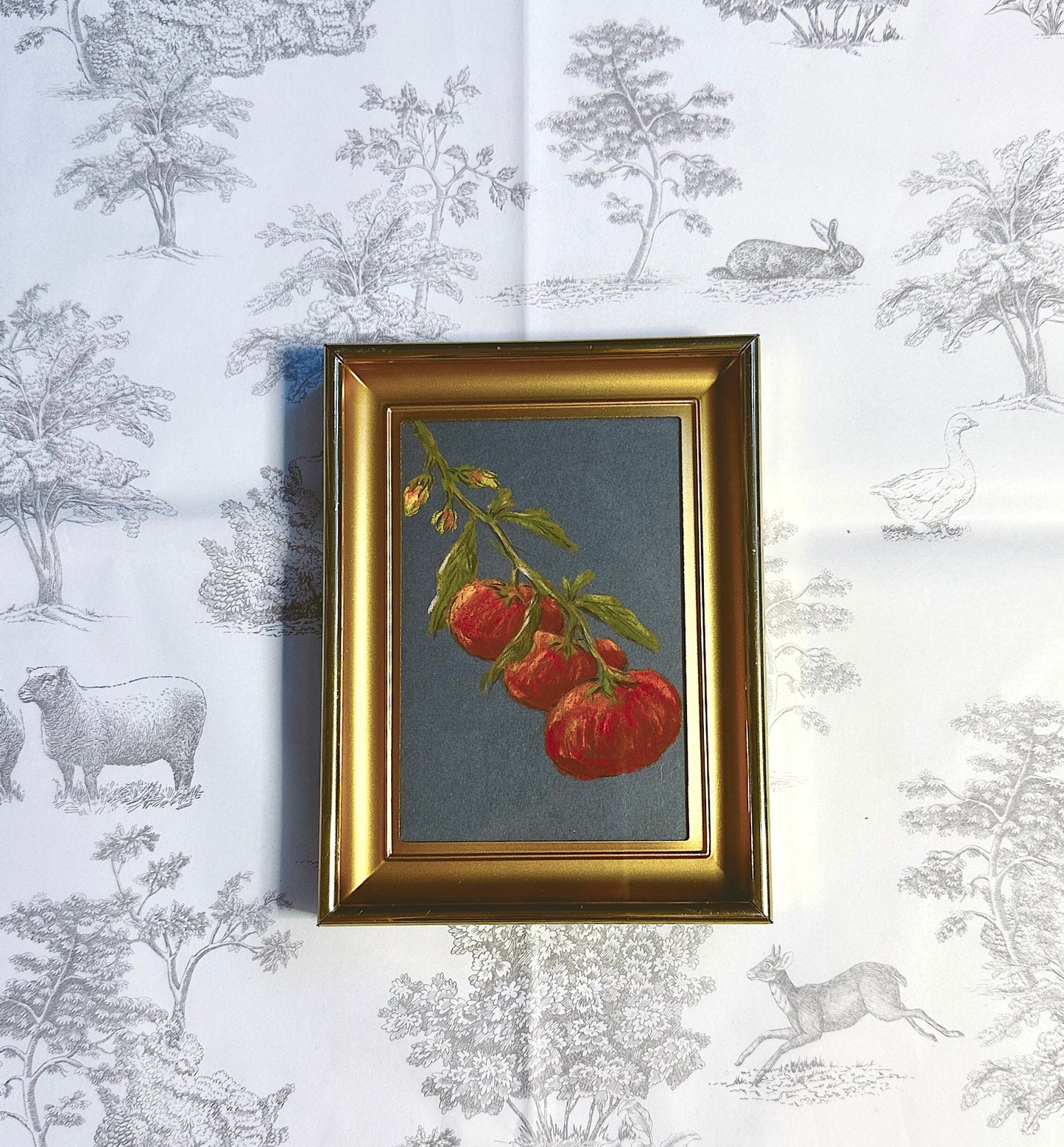 Summer Tomatoes - Original Chalk Pastel, Rectangle Frame Included, Still Life, Small, Minimalist, Vegetable, Whimsical, Muted, Farm House