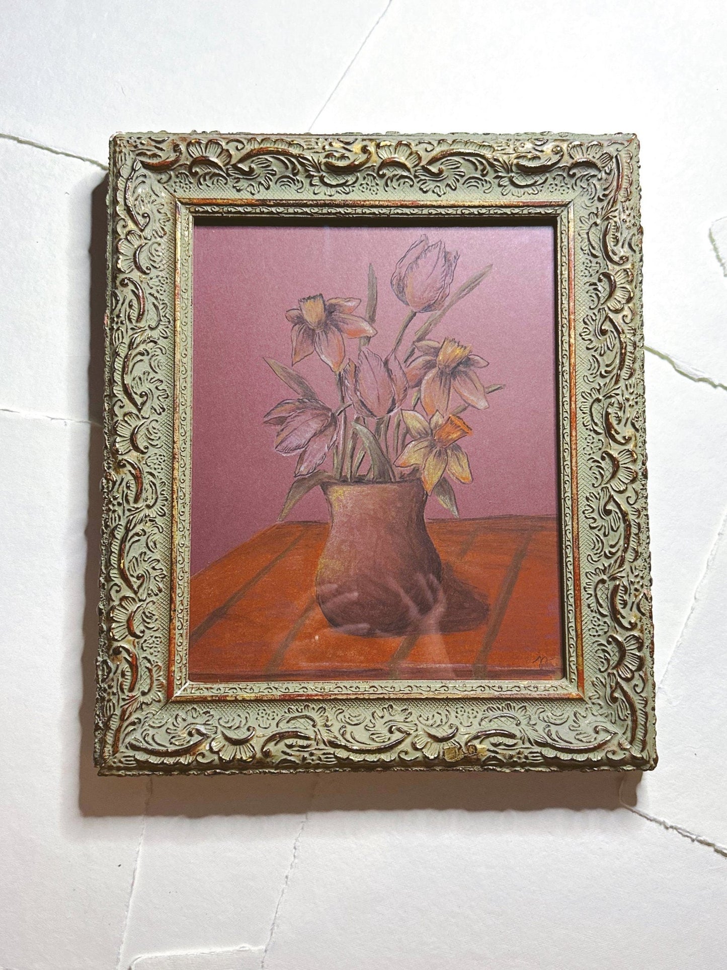 Burgundy Tulip and Daffodil - Original Chalk Pastel, Rectangle Frame Included, Still Life, Minimalist, Flower Vase, Floral, Whimsical, Muted