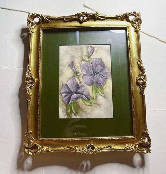 Purple Pansies - Original Watercolor Art, Rectangle Frame Included, Still Life Floral, Small, Minimalist, Unique, Whimsical, Muted, Moody