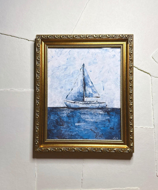 Blue Sailboat - Original Palette Knife Art, Rectangle Frame Included, Still Life, Small, Minimalist, Whimsical, Moody, Lake, Ocean, Beach