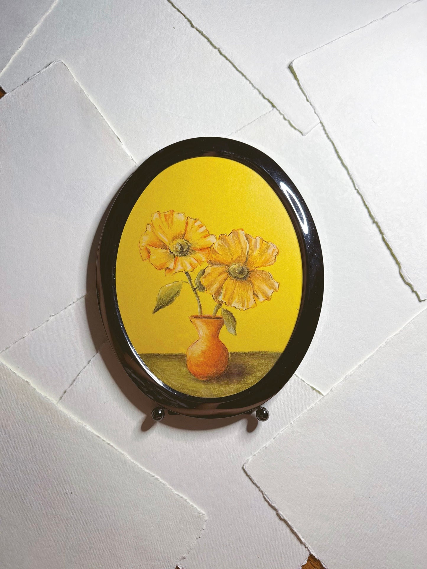 Yellow Poppies - Original Chalk Pastel, Oval Frame Included, Still Life, Small, Minimalist, Flower Vase, Floral, Whimsical, Muted, Playful