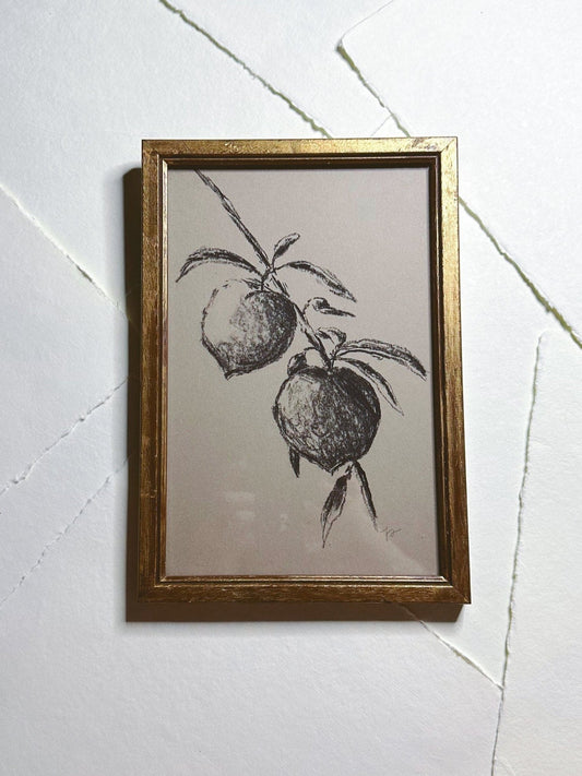 Sketch Peaches - Original Charcoal Art, Rectangle Frame Included, Still Life Floral, Small, Minimalist, Unique, Whimsical, Moody, Simple