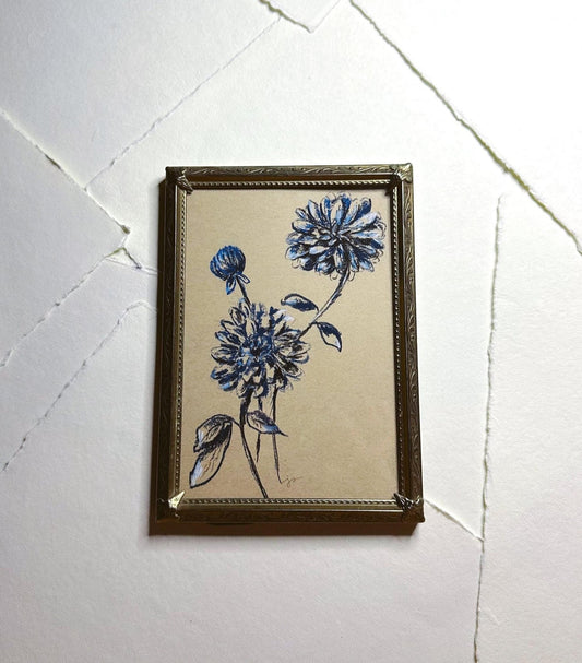 Blue Dahlias - Original Chalk Pastel, Rectangle Frame Included, Still Life, Small, Minimalist, Whimsical, Muted, Farm House, Simple, Elegant