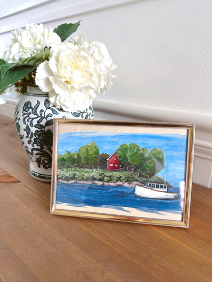 Portland Maine Landscape - Original Gouache Art, Rectangle Frame Included, Small, Minimalist, Harbor, Whimsical, Muted, Boat Art, Simple,