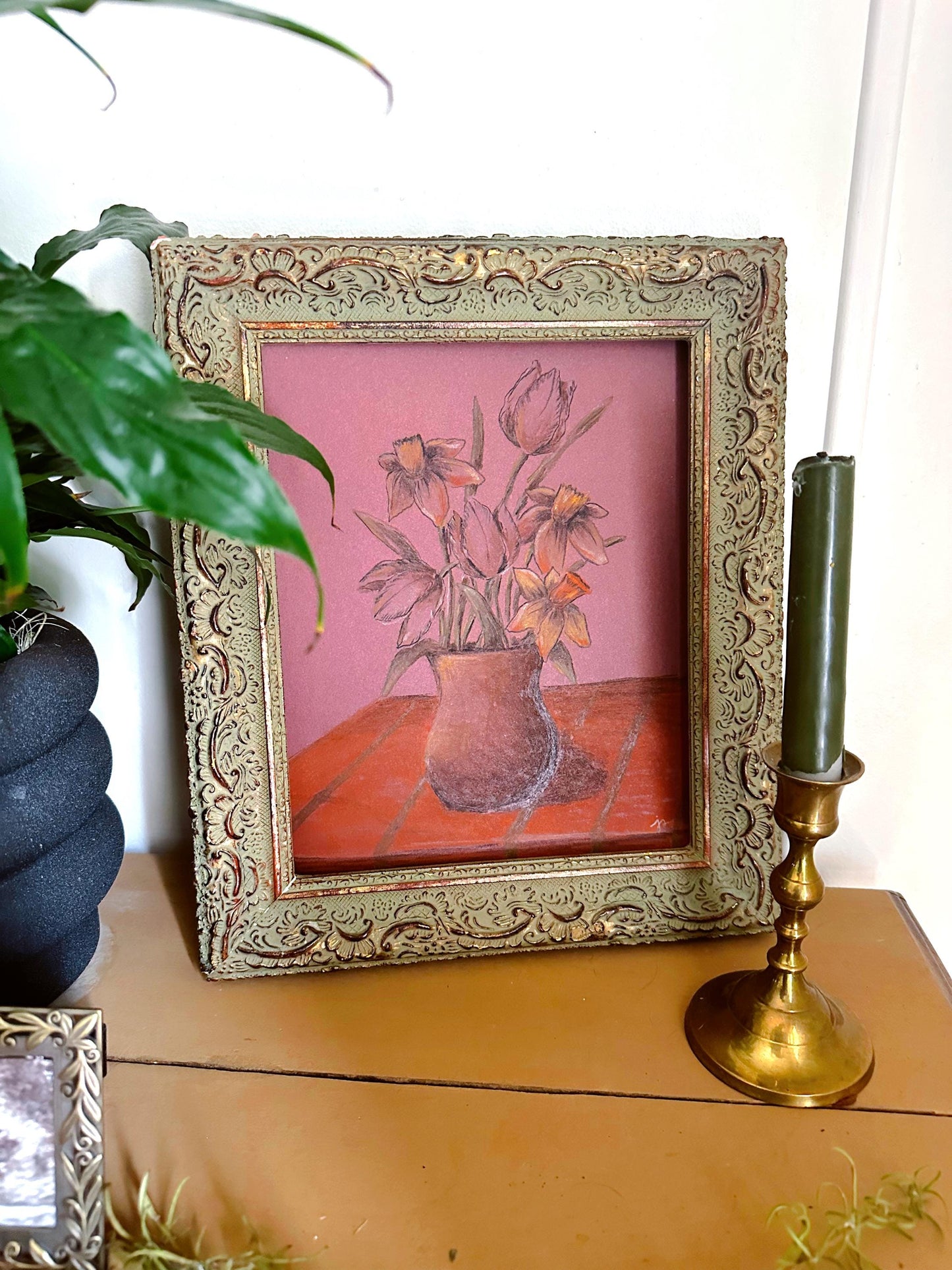 Burgundy Tulip and Daffodil - Original Chalk Pastel, Rectangle Frame Included, Still Life, Minimalist, Flower Vase, Floral, Whimsical, Muted