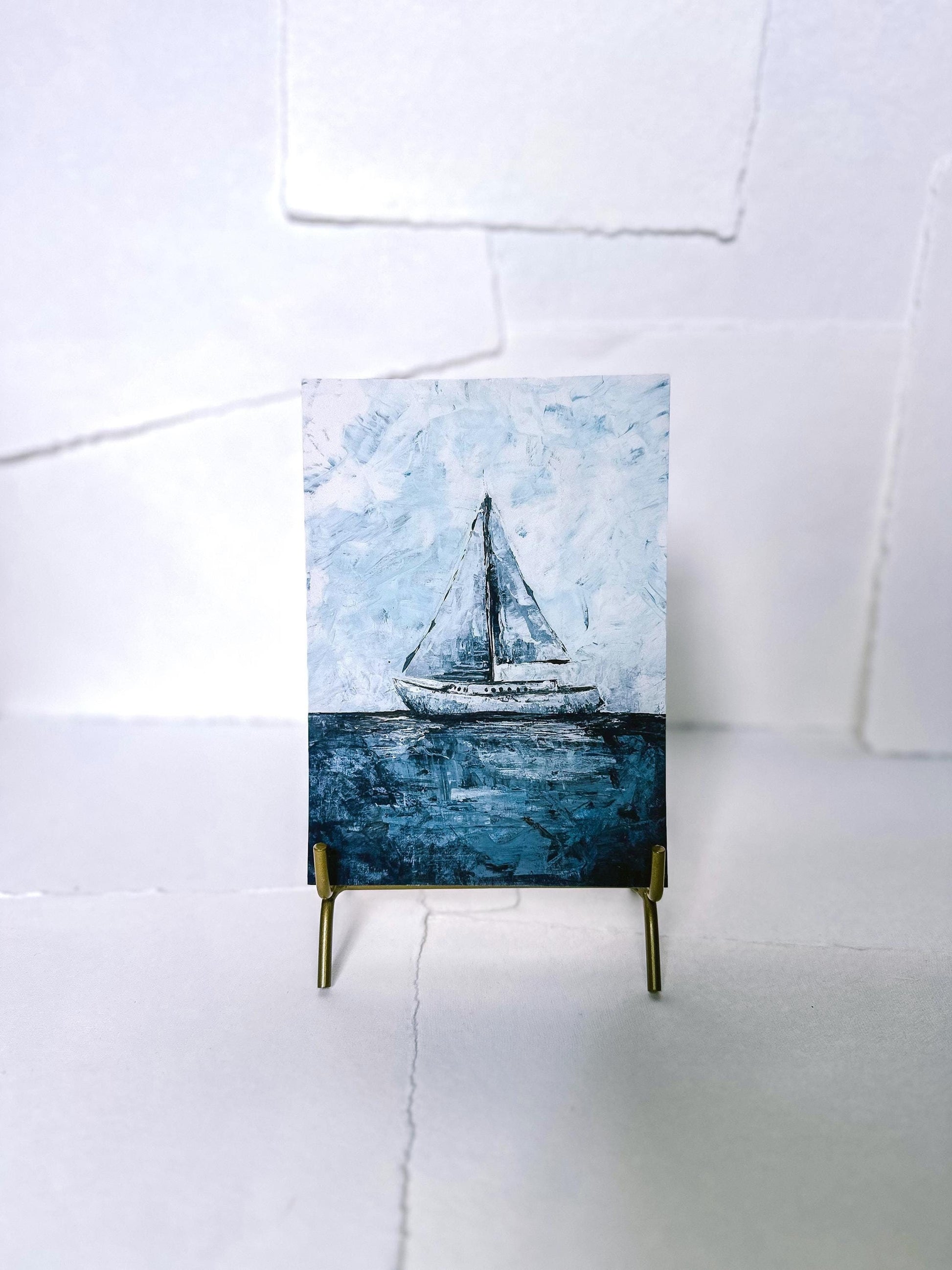 Print, Blue Sailboat - Original Palette Knife Art, Still Life, Small, Minimalist, Whimsical, Moody, Lake, Ocean, Beach, Boys Nursery, Giclee