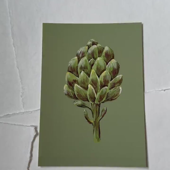 Print, Artichoke - Original Chalk Pastel, Still Life Floral, Minimalist, Impressionist, Unique, Small, Elevated Farm House, Vegetable