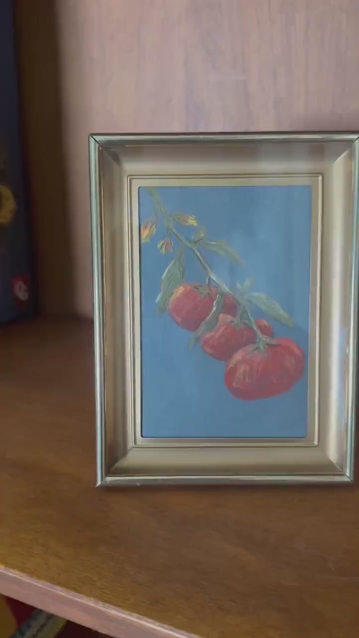 Summer Tomatoes - Original Chalk Pastel, Rectangle Frame Included, Still Life, Small, Minimalist, Vegetable, Whimsical, Muted, Farm House