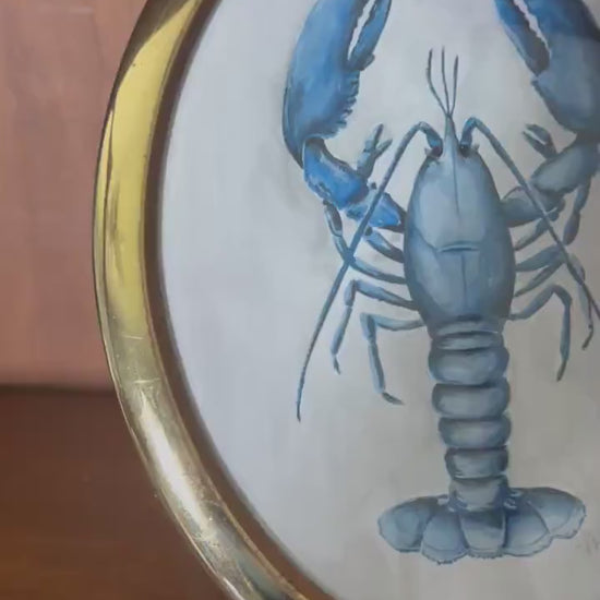 Blue Lobster - Original Watercolor Art, Oval Frame Included, Still Life, Small, Minimalist, Ocean, Sea, Whimsical, Playful, Harbor, Maine